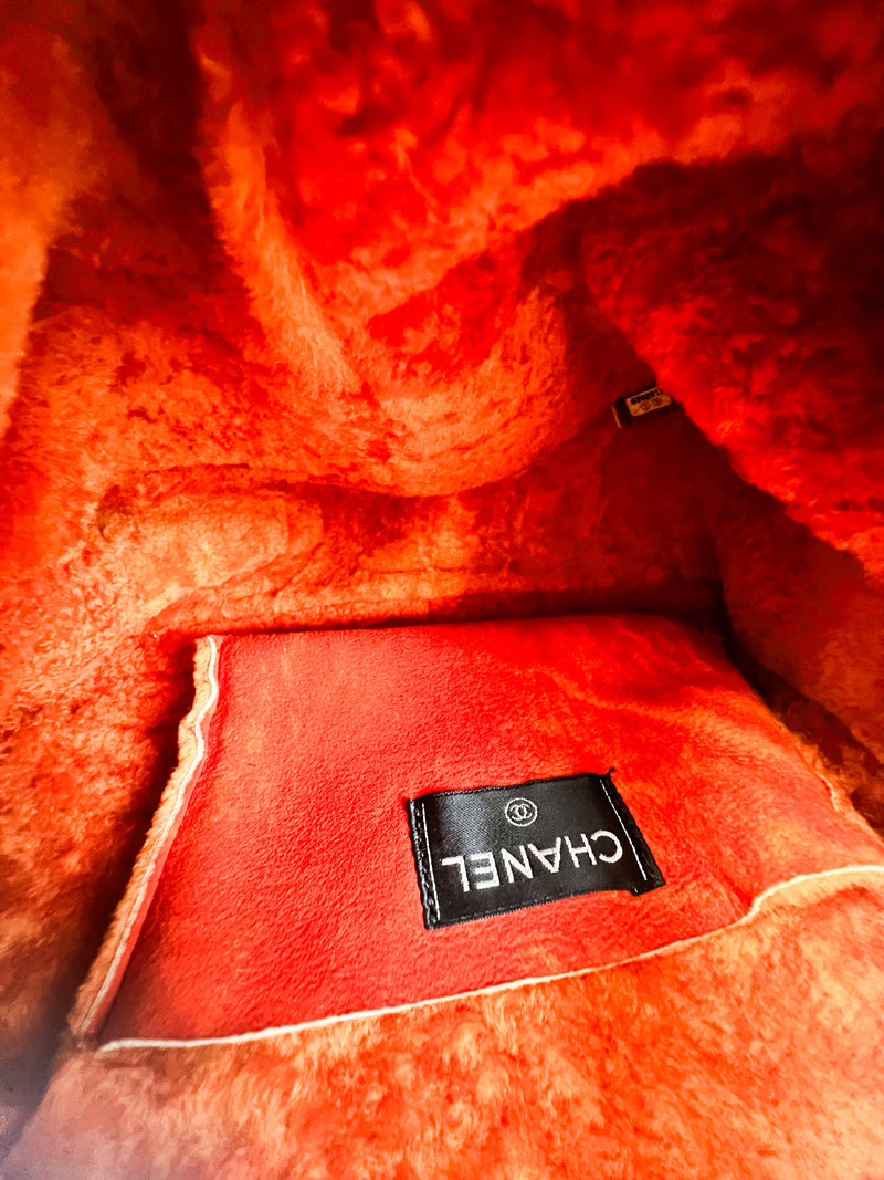 Chanel Vintage Orange Sheepskin Suede Logos Shoulder Bag