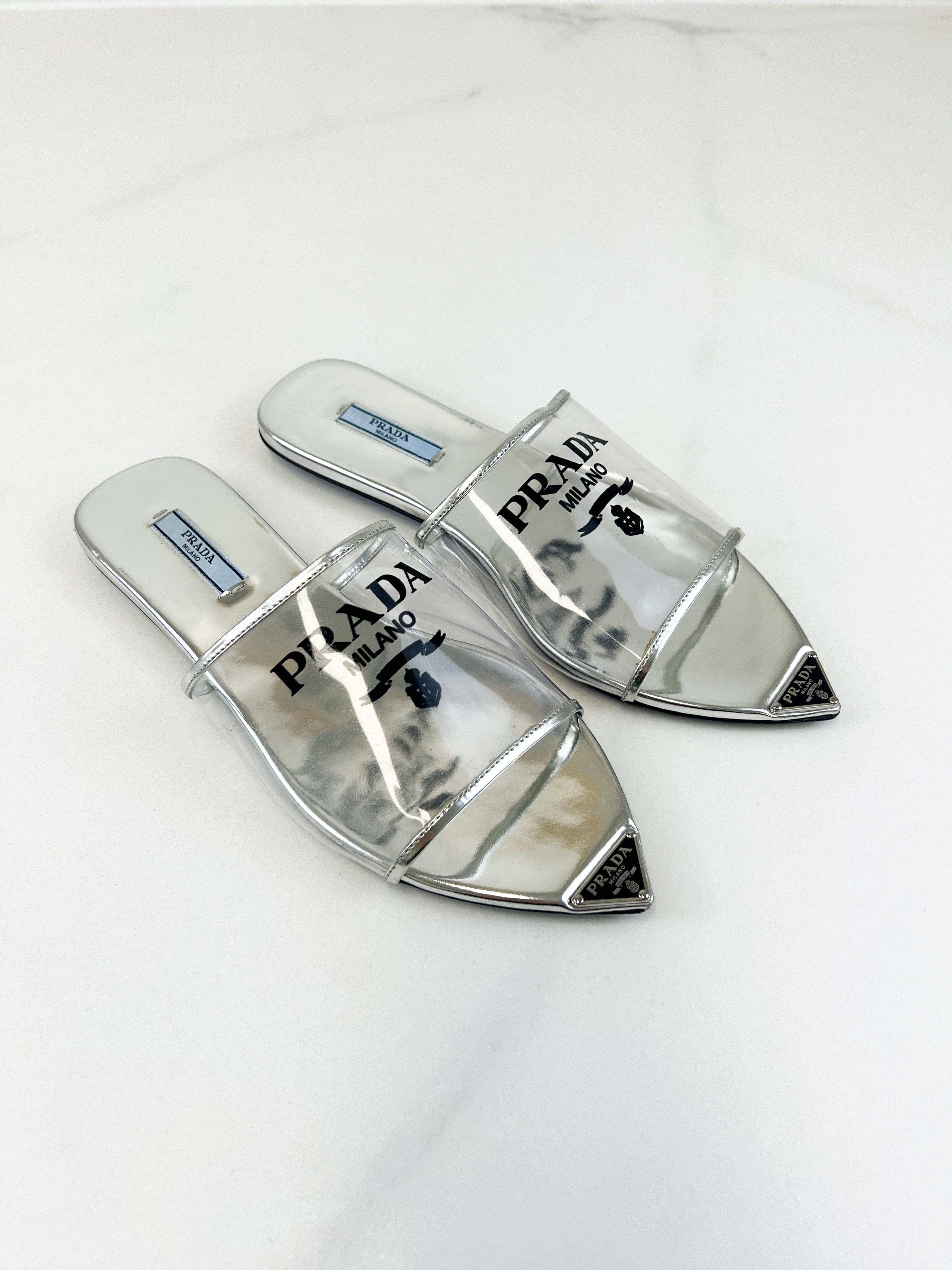 Prada Leather Silver PVC Slides Size 38
