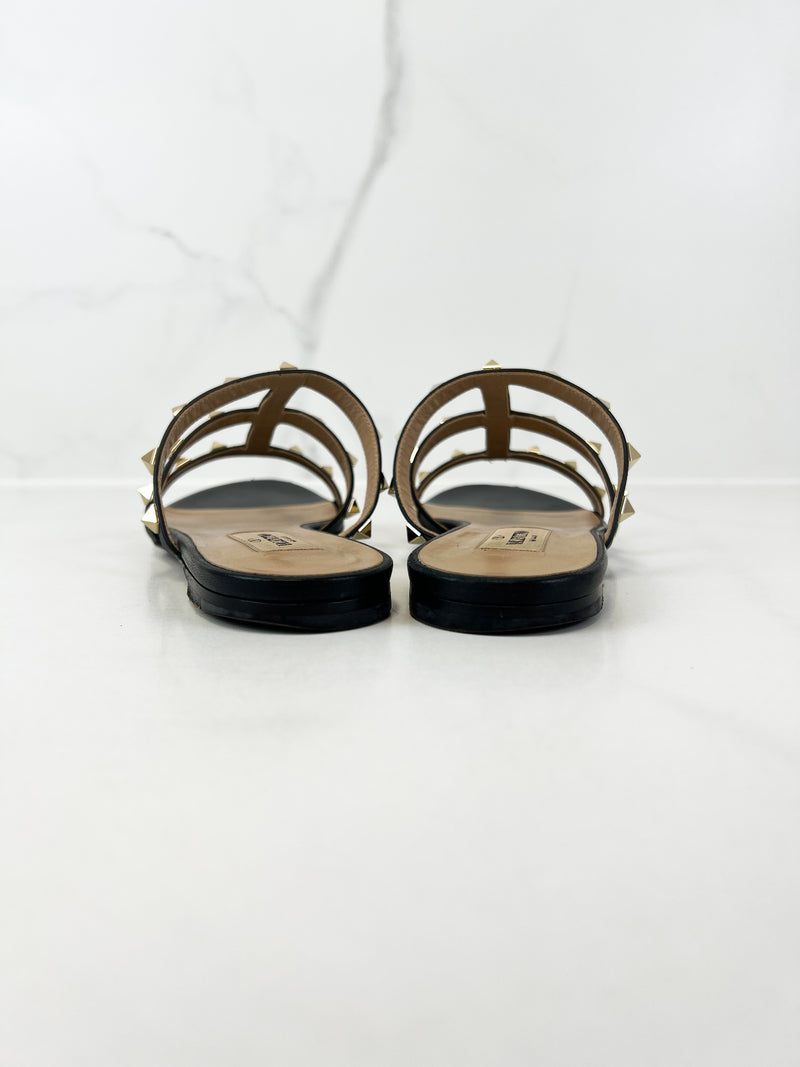 Valentino Garavani Caged Black Rockstud Slides Size 37