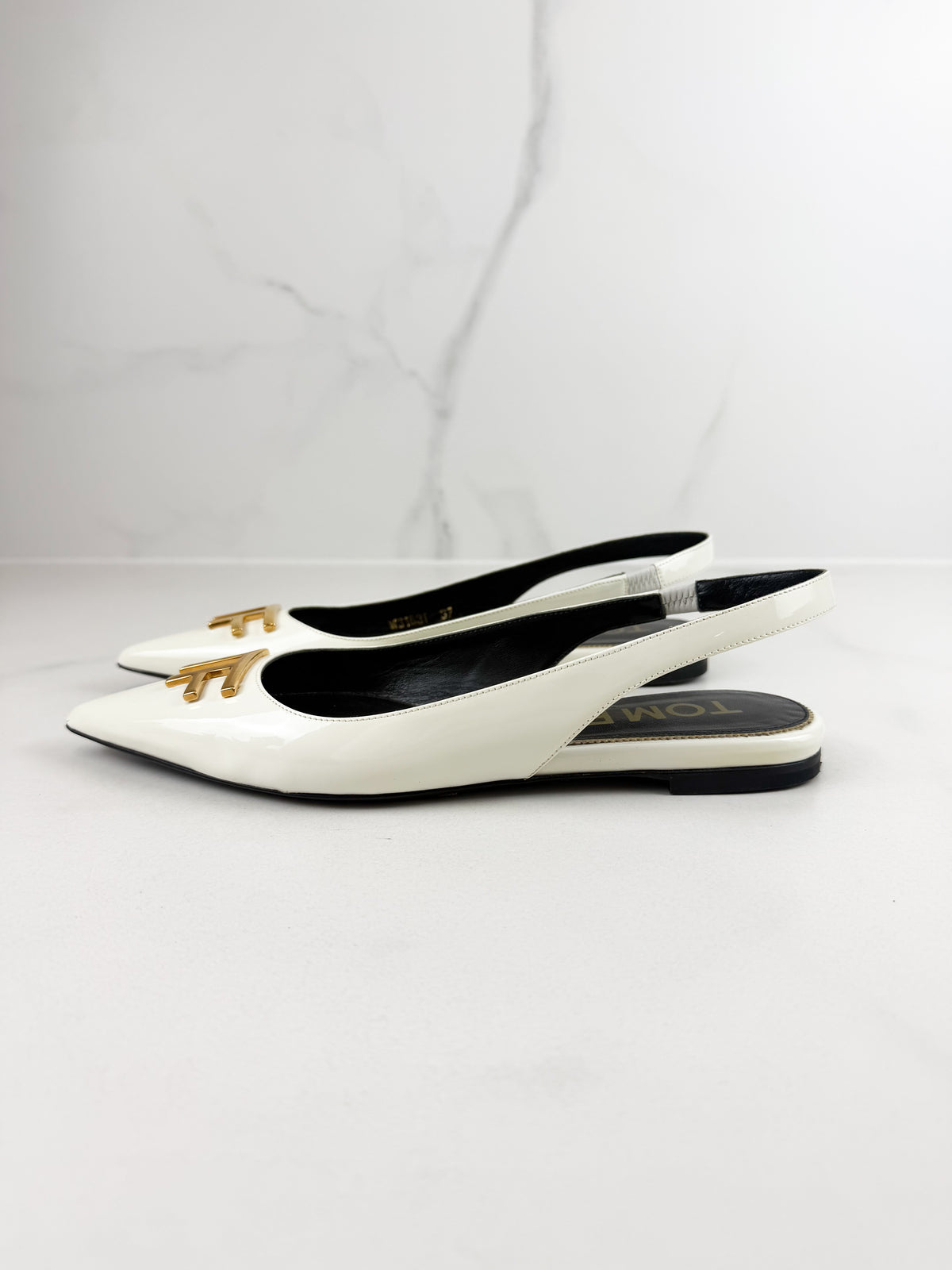Tom Ford Patent White Slingback Flats with GHW Size 37