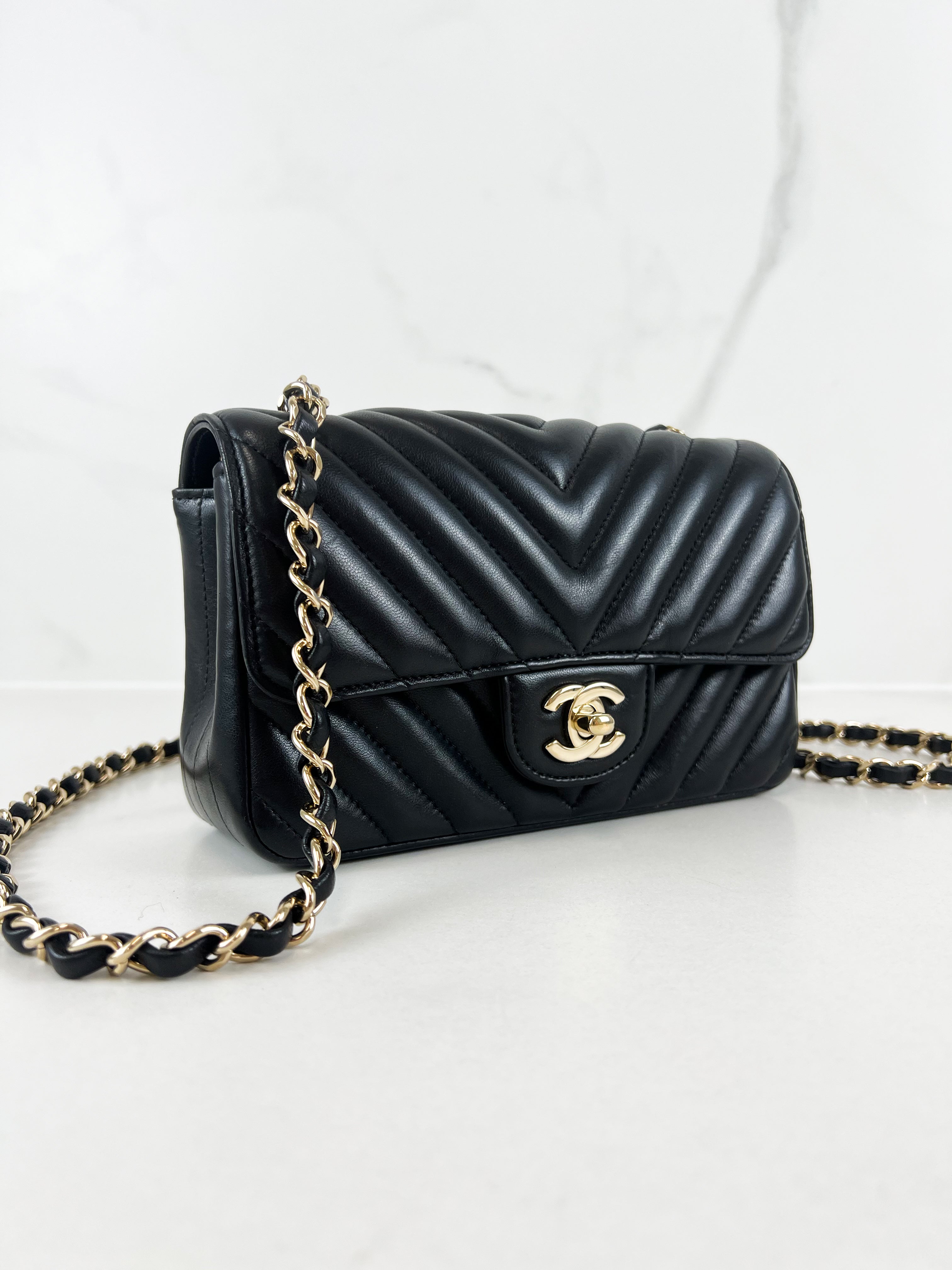 Chanel Mini Classic Flap Shoulder Bag in Black Chevron Lambskin with GHW