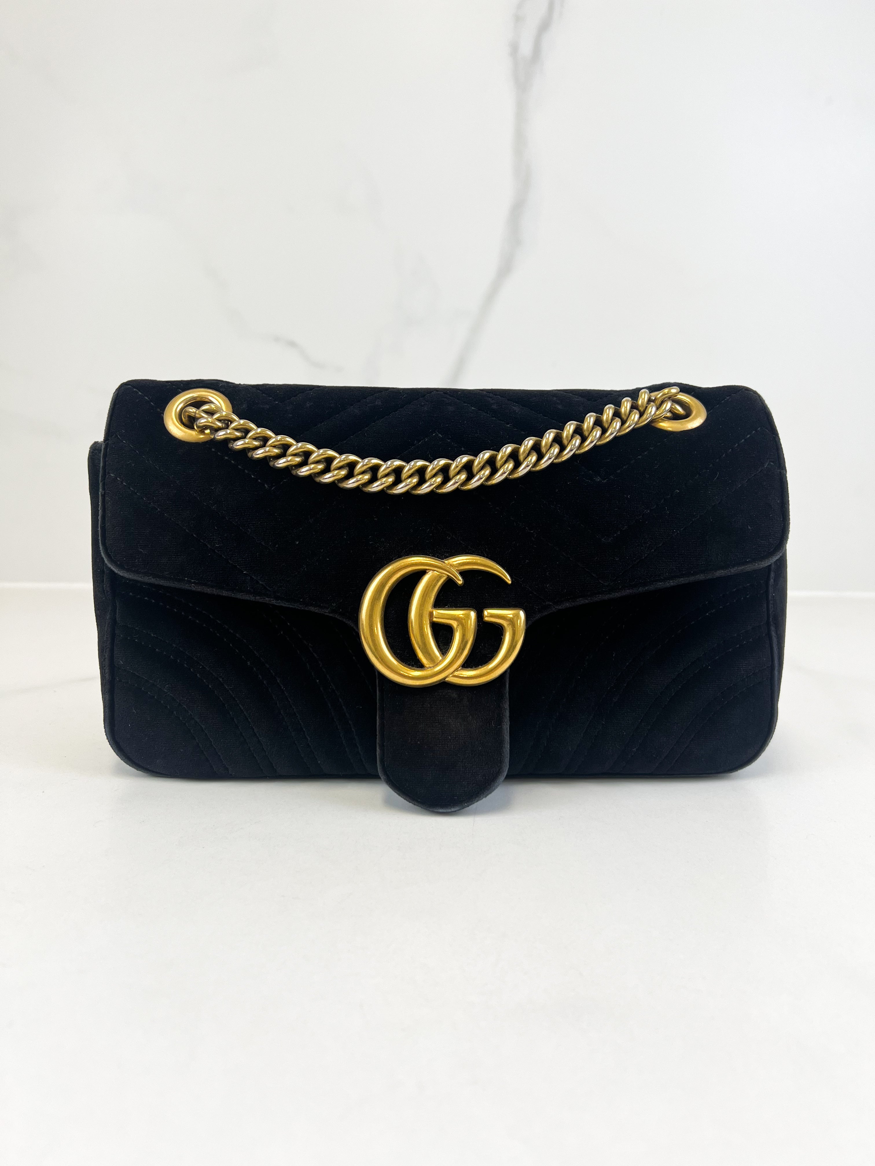 Gucci GG Marmont Matelasse Small Velvet Flap Shoulder Bag Black