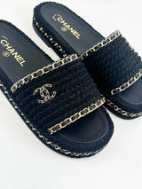 Chanel Black/Gold Woven Slides Size 38