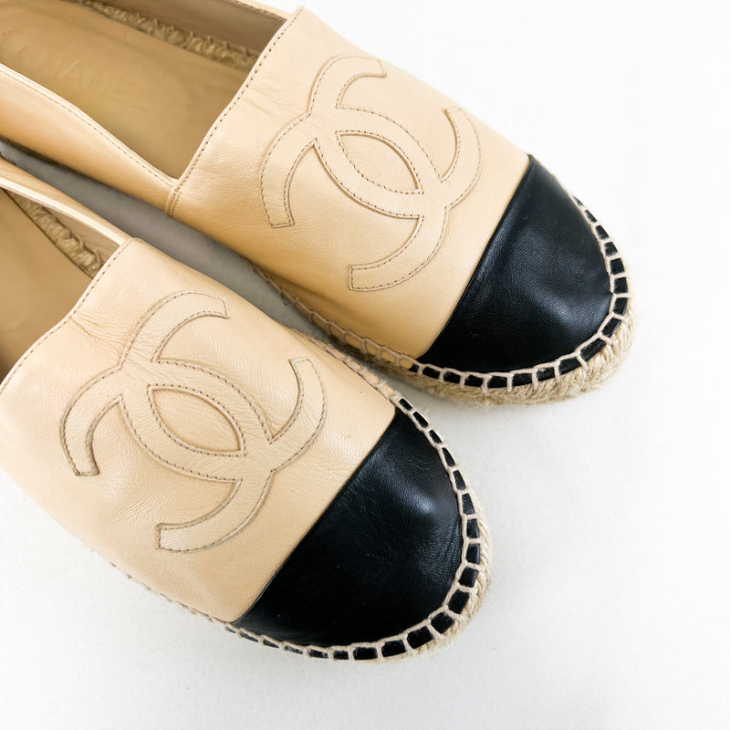 Chanel CC Logo Black & Beige Leather Espadrilles Size 41