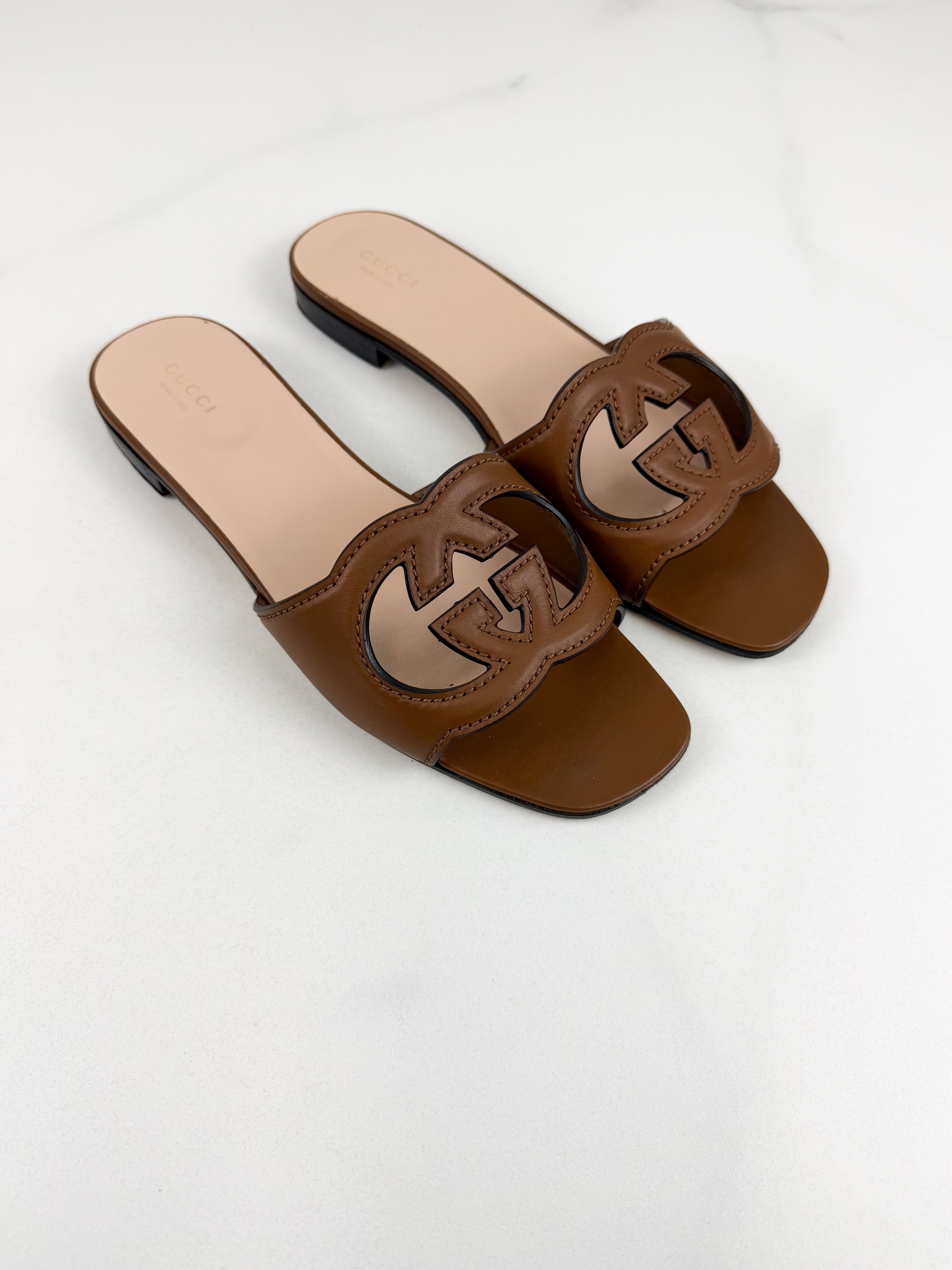 Gucci Tan Interlocking G Slides Size 40