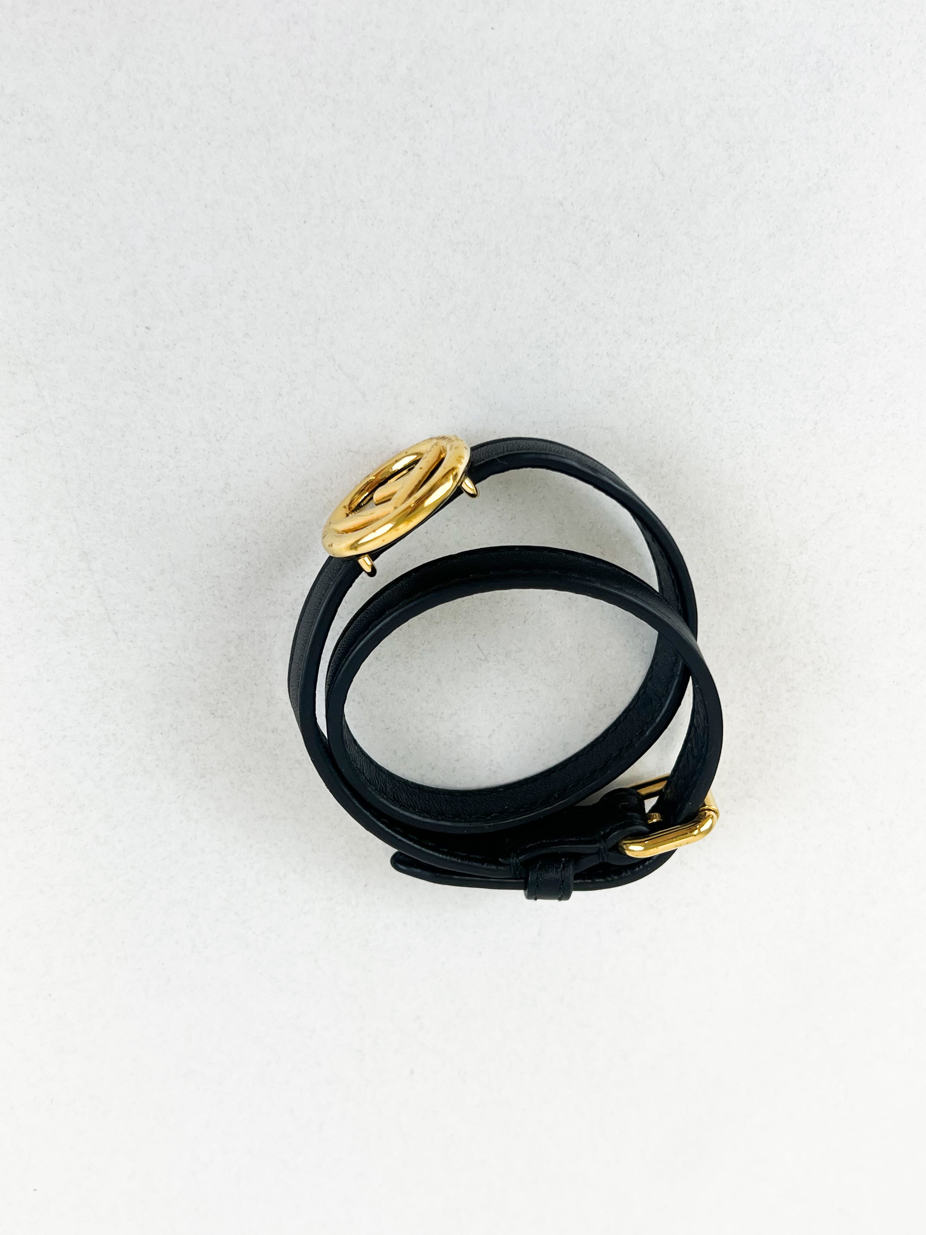 Fendi F Logo Leather Wrap-around Bracelet in Black with GHW