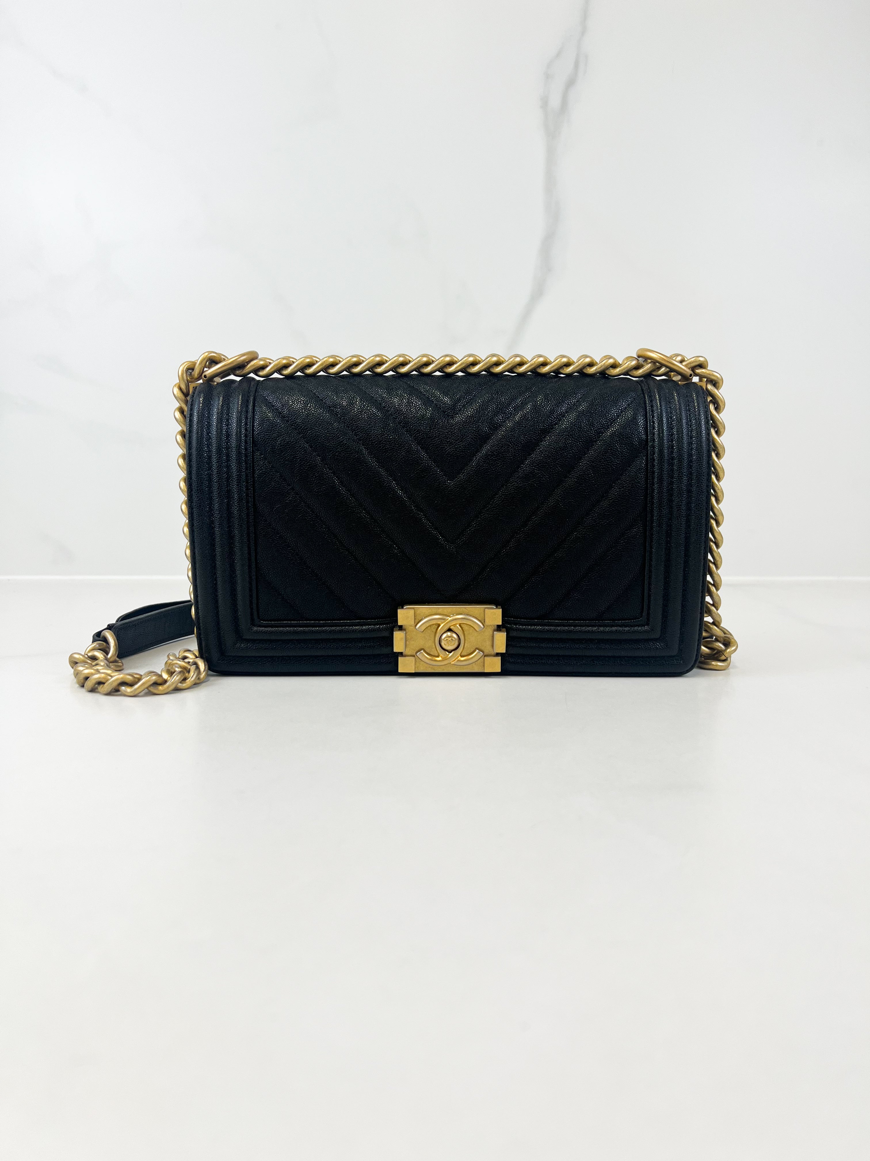 Chanel Black Old Medium Chevron Boy Bag GHW