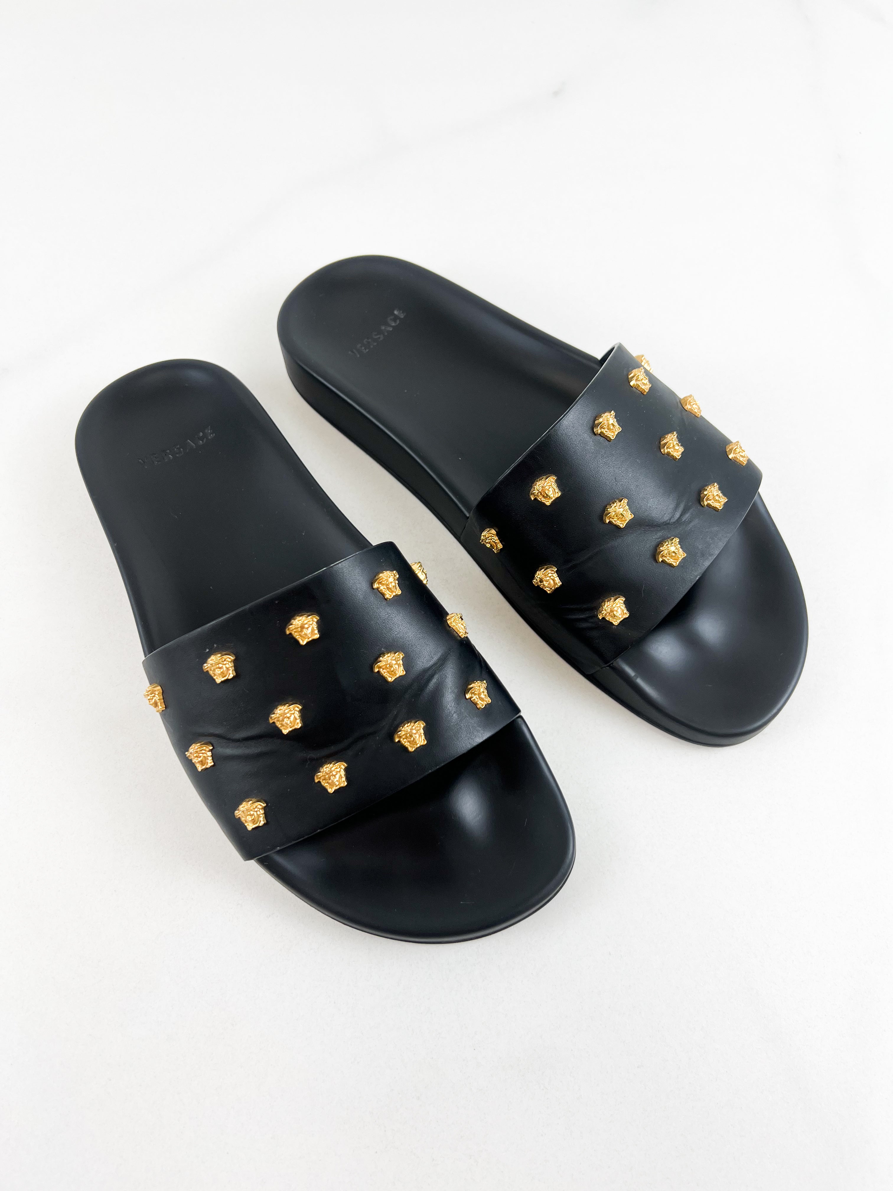 Versace Medusa Stud Leather Slides in Black Size 40