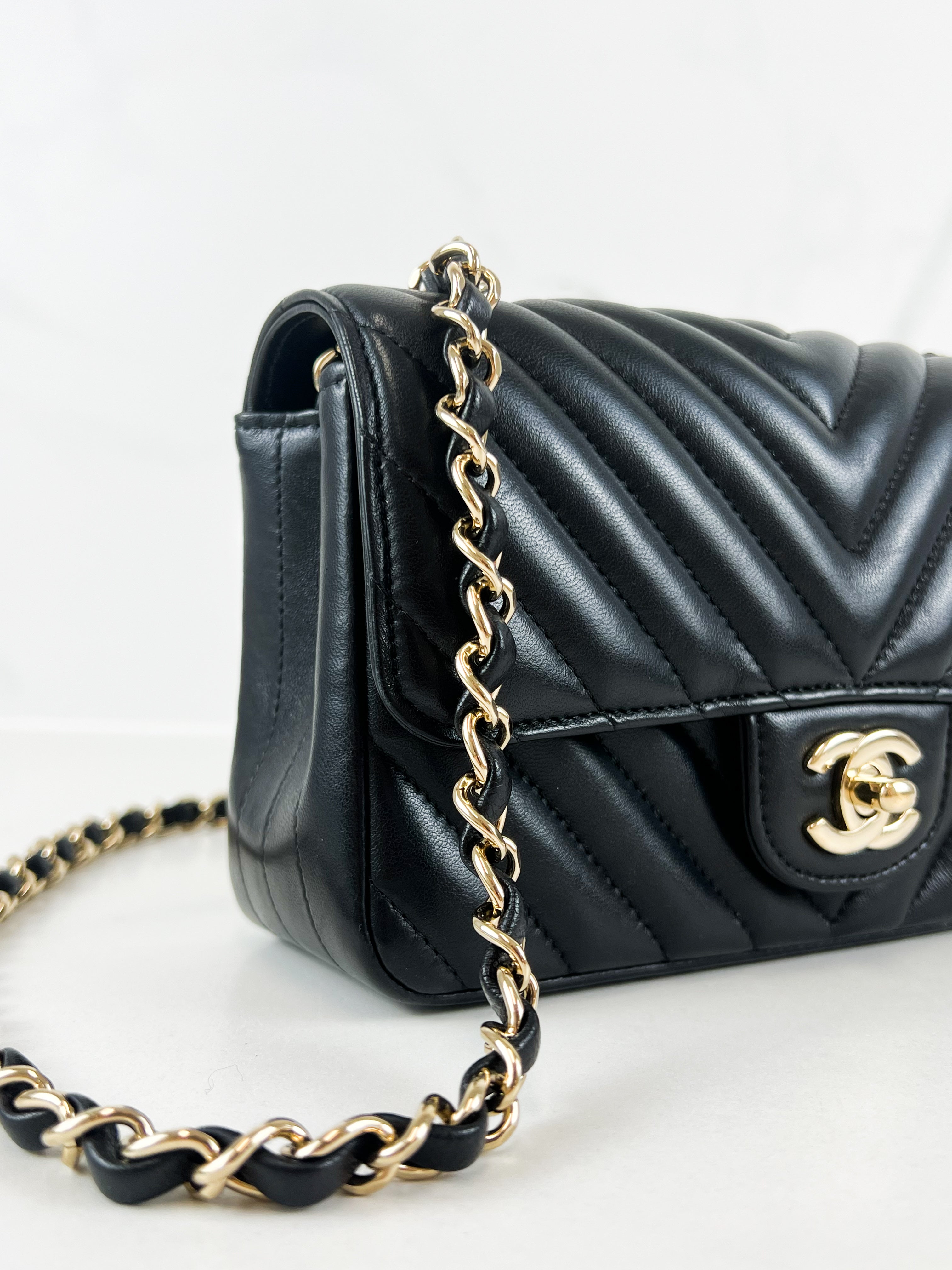 Chanel Mini Classic Flap Shoulder Bag in Black Chevron Lambskin with GHW