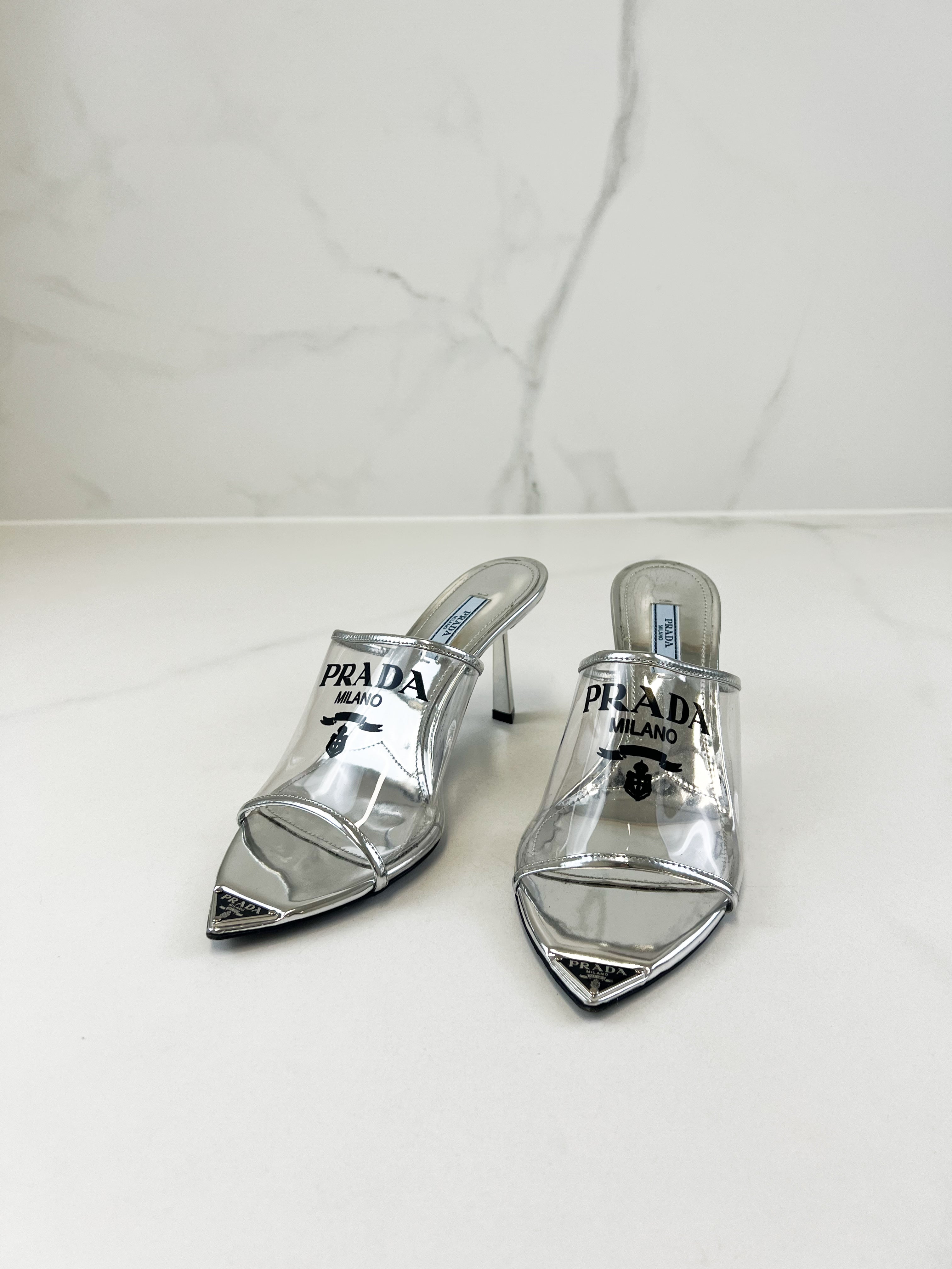 Prada Logo Print Plexiglas High Heel Size 37.5