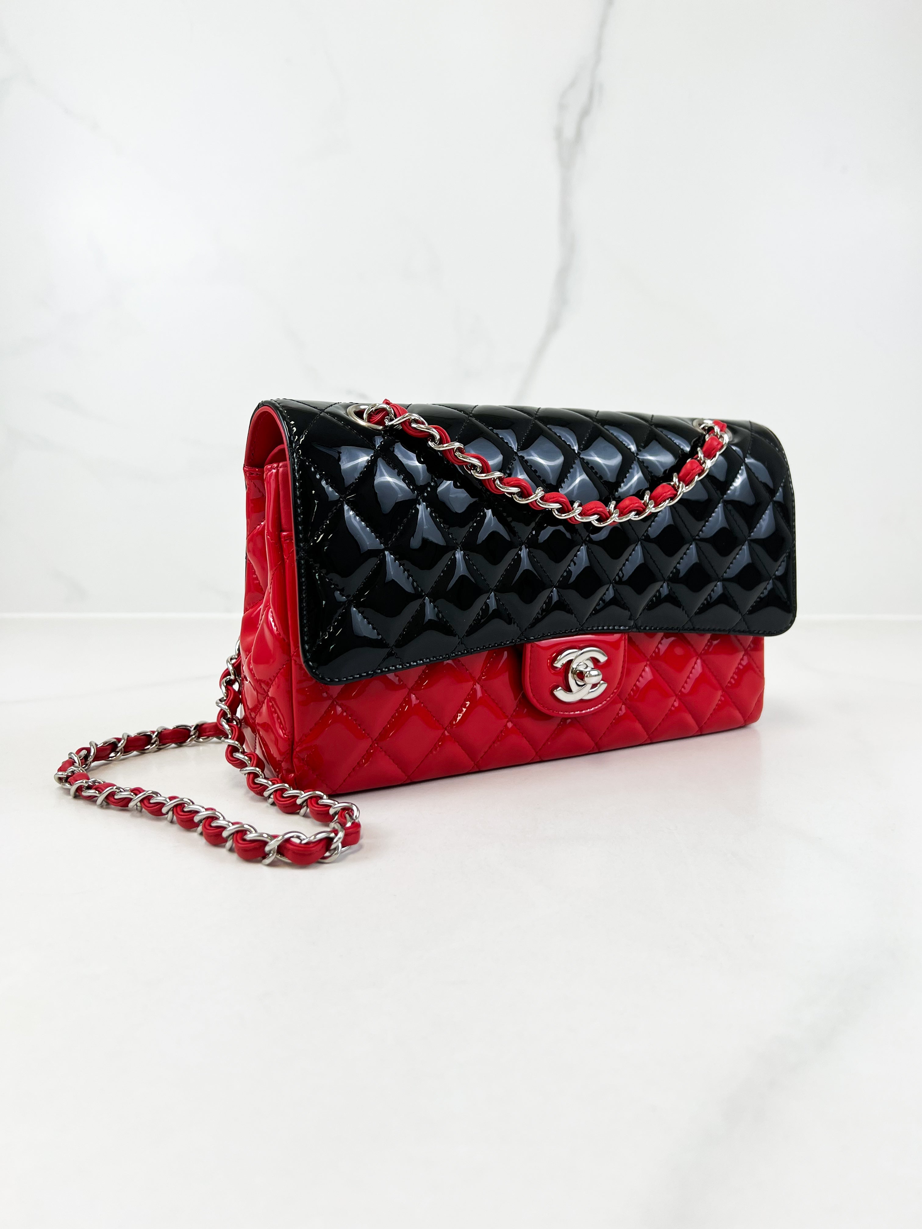 Chanel CC Medium Patent Black & Red Classic Double Flap Shoulder Bag