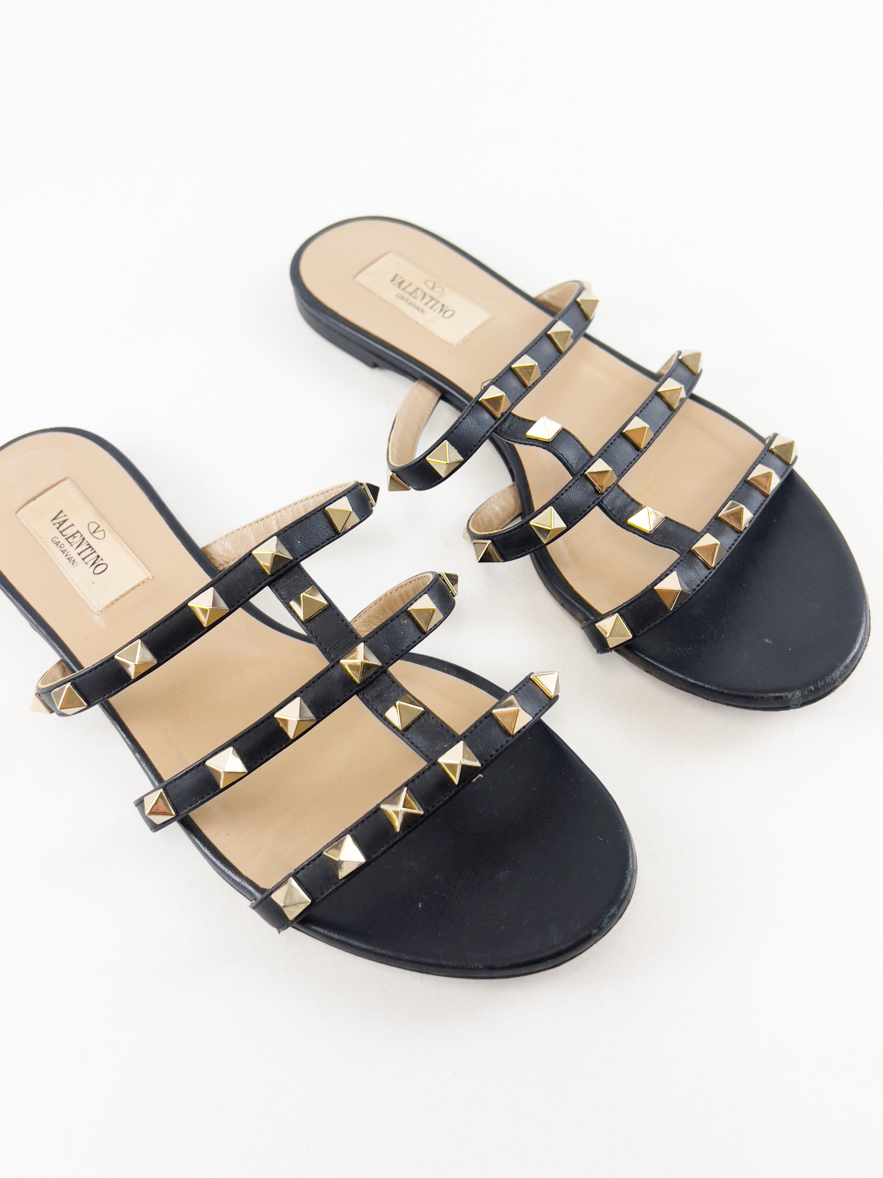 Valentino Garavani Caged Black Rockstud Slides Size 37