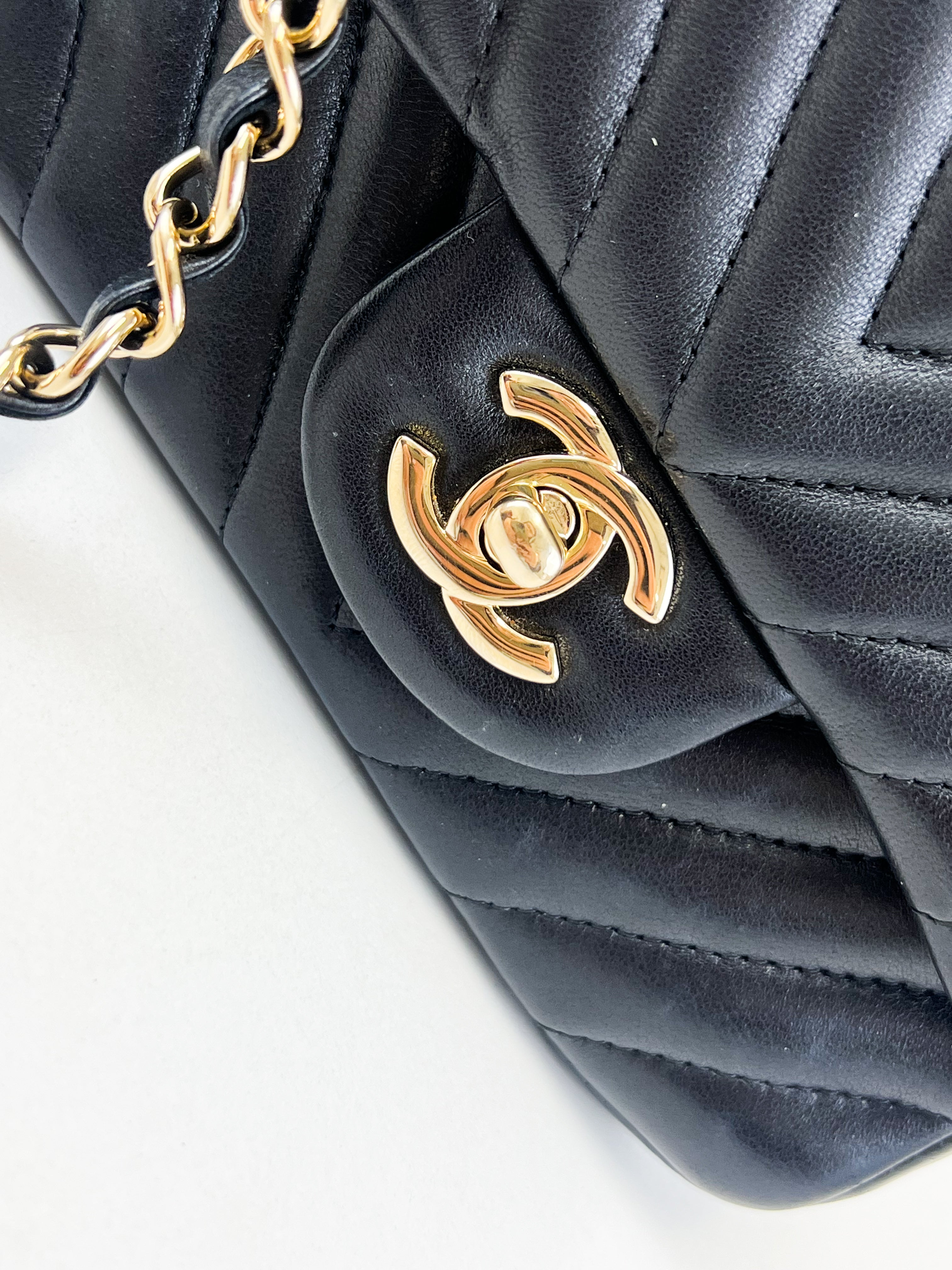 Chanel Mini Square in Black Chevron with GHW