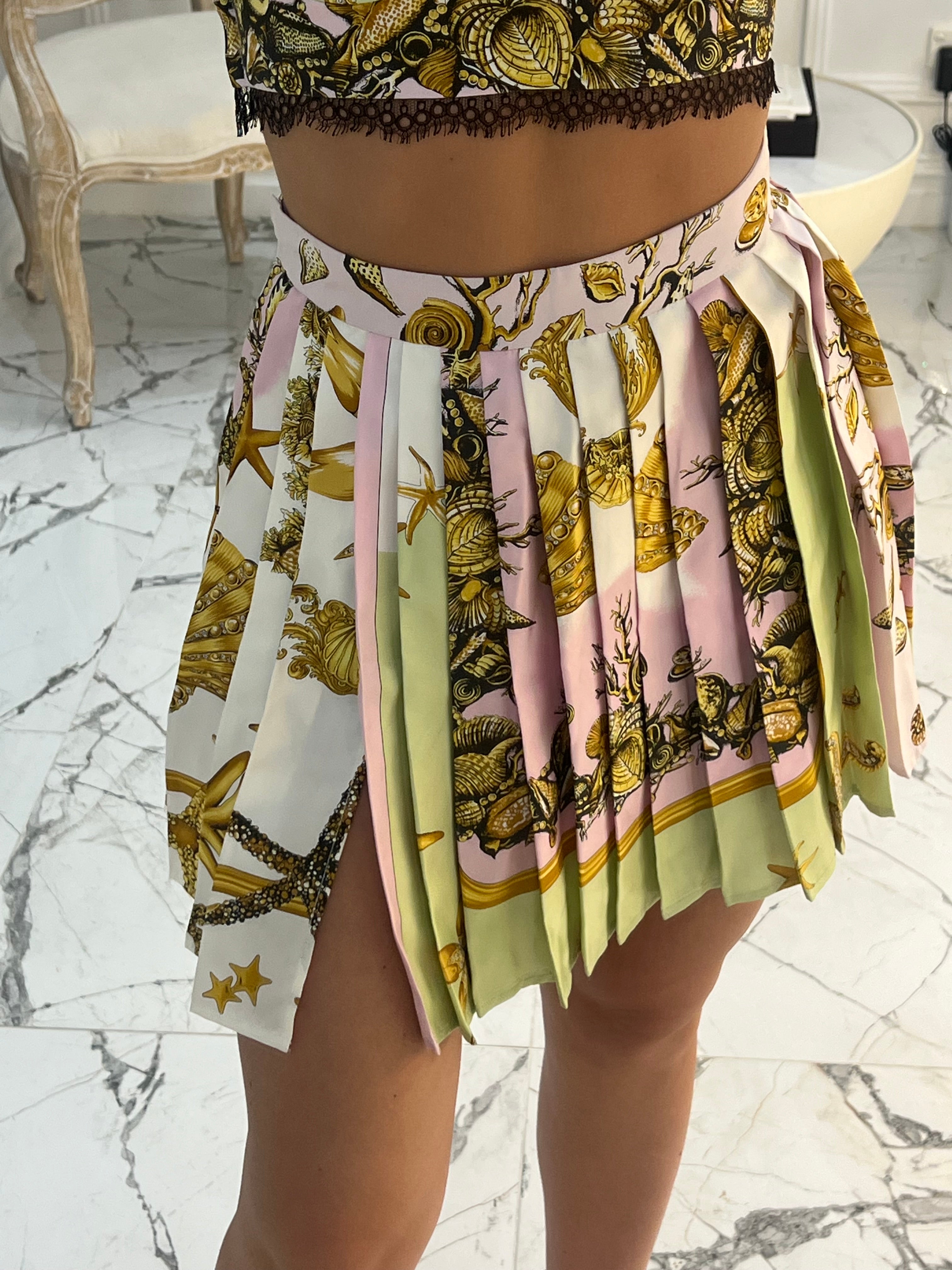 Versace Pleated Printed Silk Twill Mini Skirt & Bustier Set