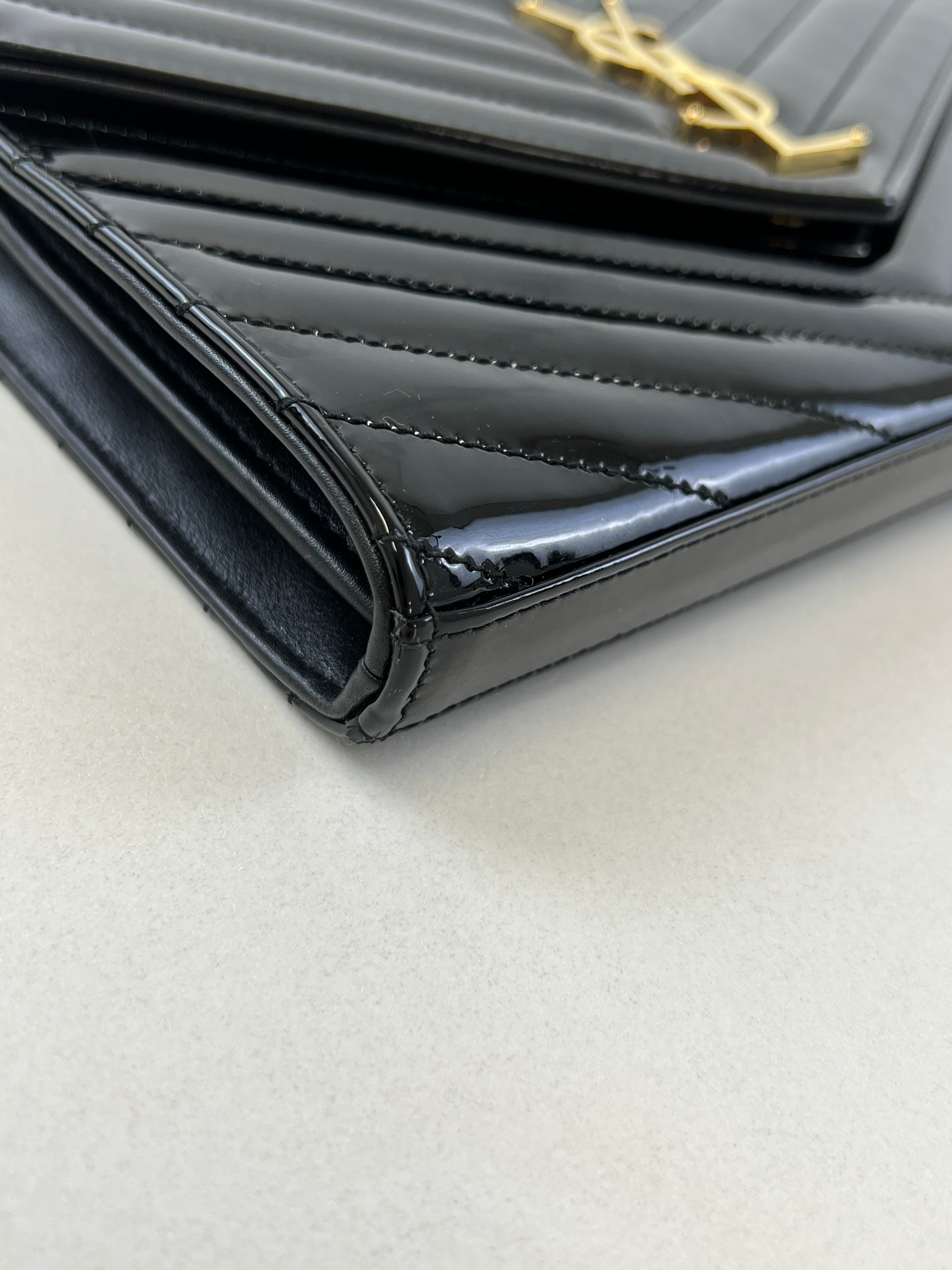 Saint Laurent Patent Black Cassandre Chain WOC with GHW