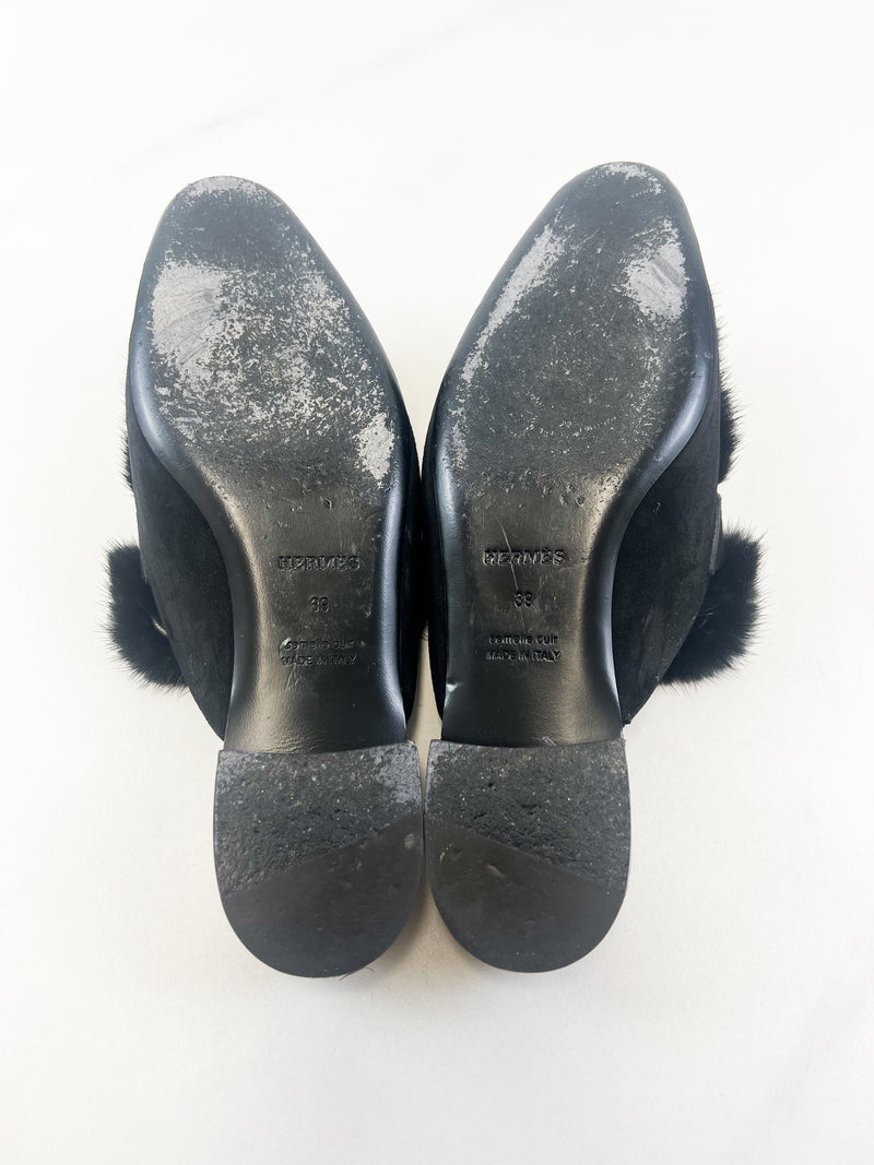 Hermes Black Suede Trocadero Mink Fur Mule Size 39