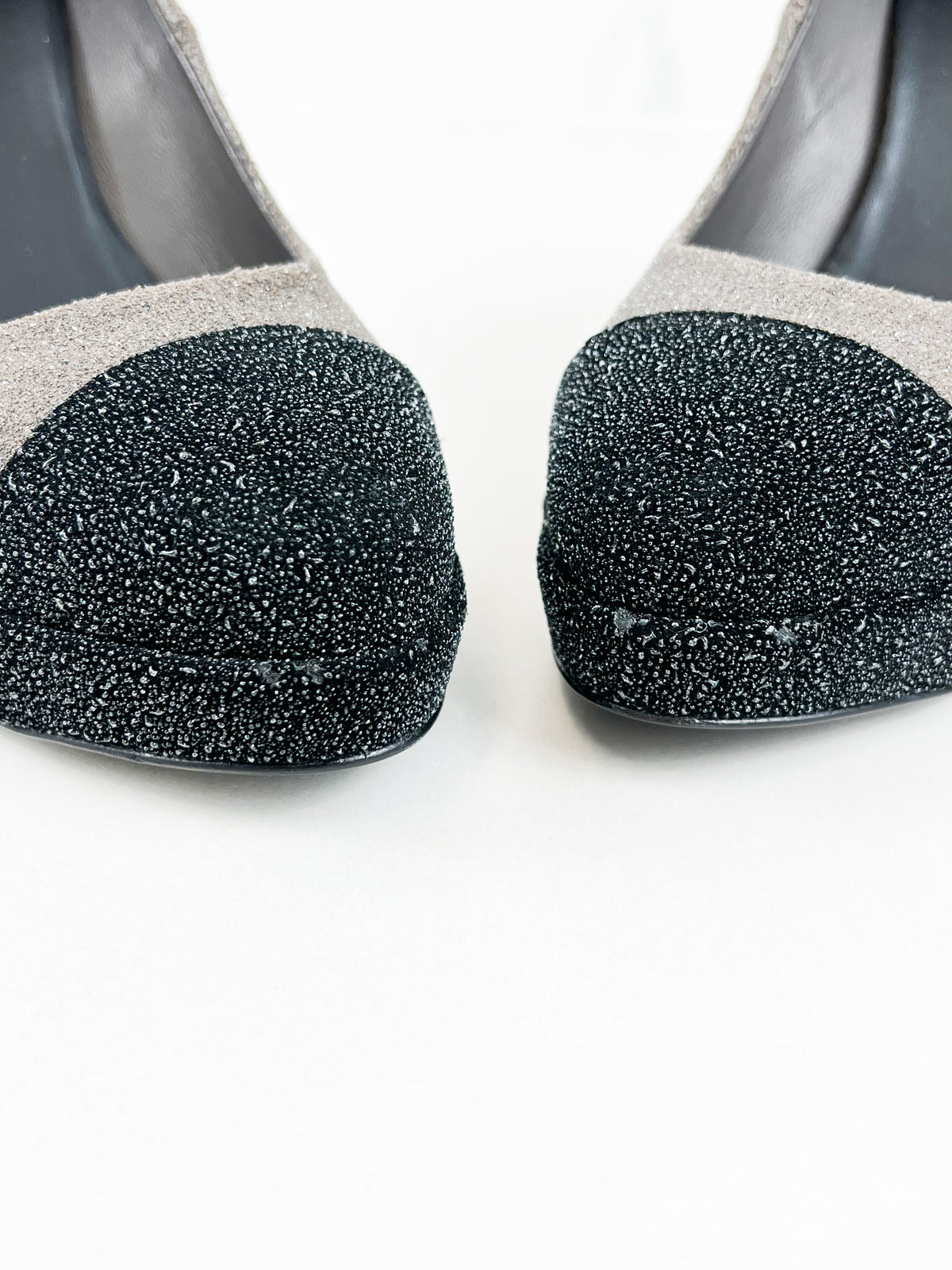 Chanel Black and Grey Glitter Cap-Toe Platform Pumps in Size 39.5
