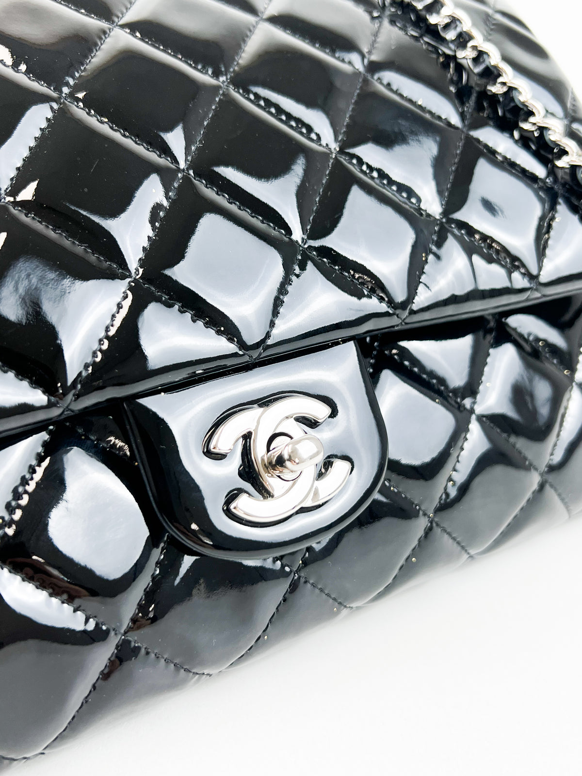 Chanel Black Quilted Patent Leather Clutch-with-Chain SHW