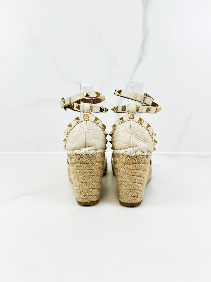 Valentino Garavani Rockstud Leather Wedge Espadrilles Size 38