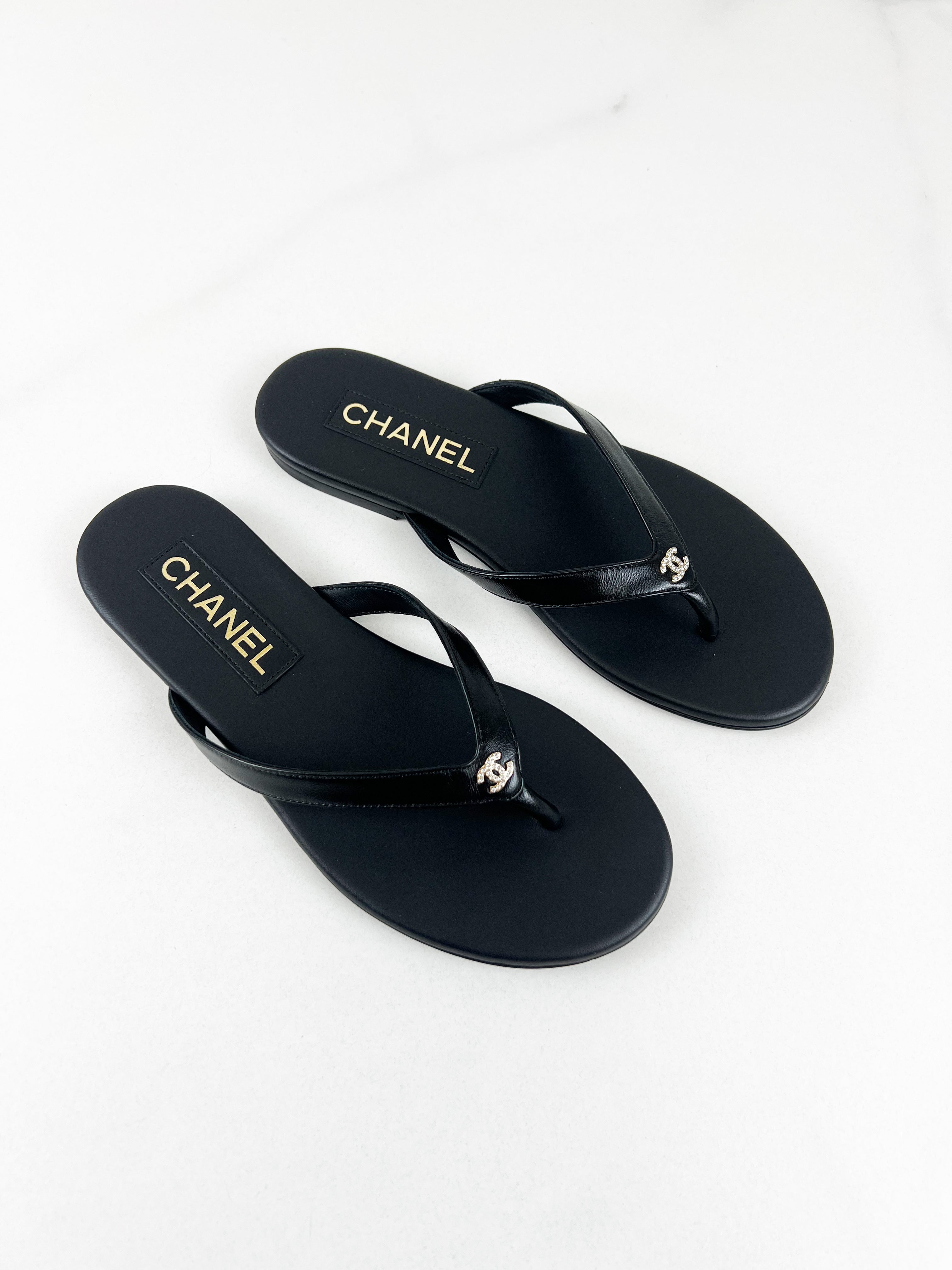 Chanel Shiny Lambskin Crystal CC Thong Sandal Size 36C