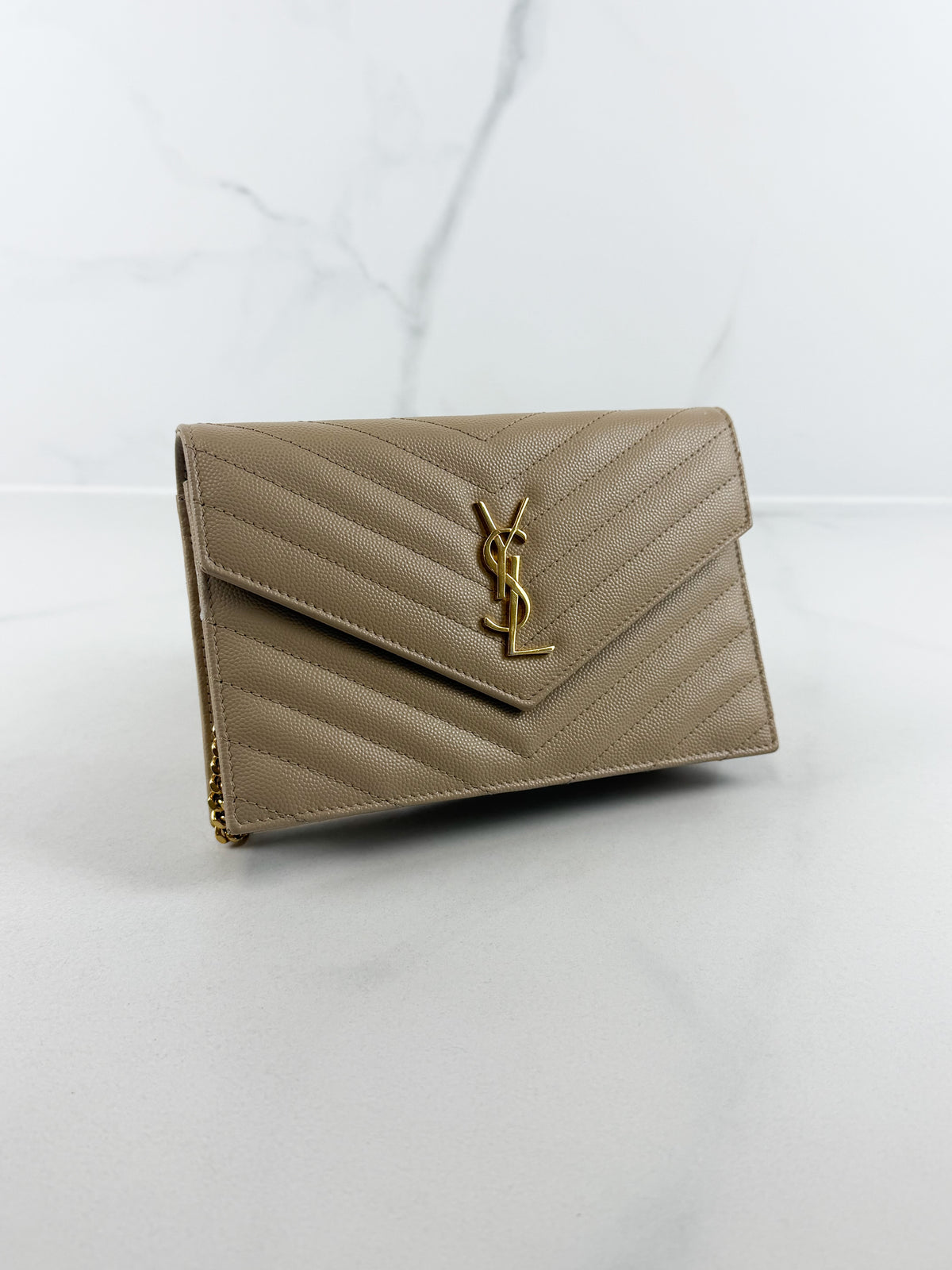 Saint Laurent Dark Beige Cassandre Envelope WOC in Grain De Poudre Leather with GHW