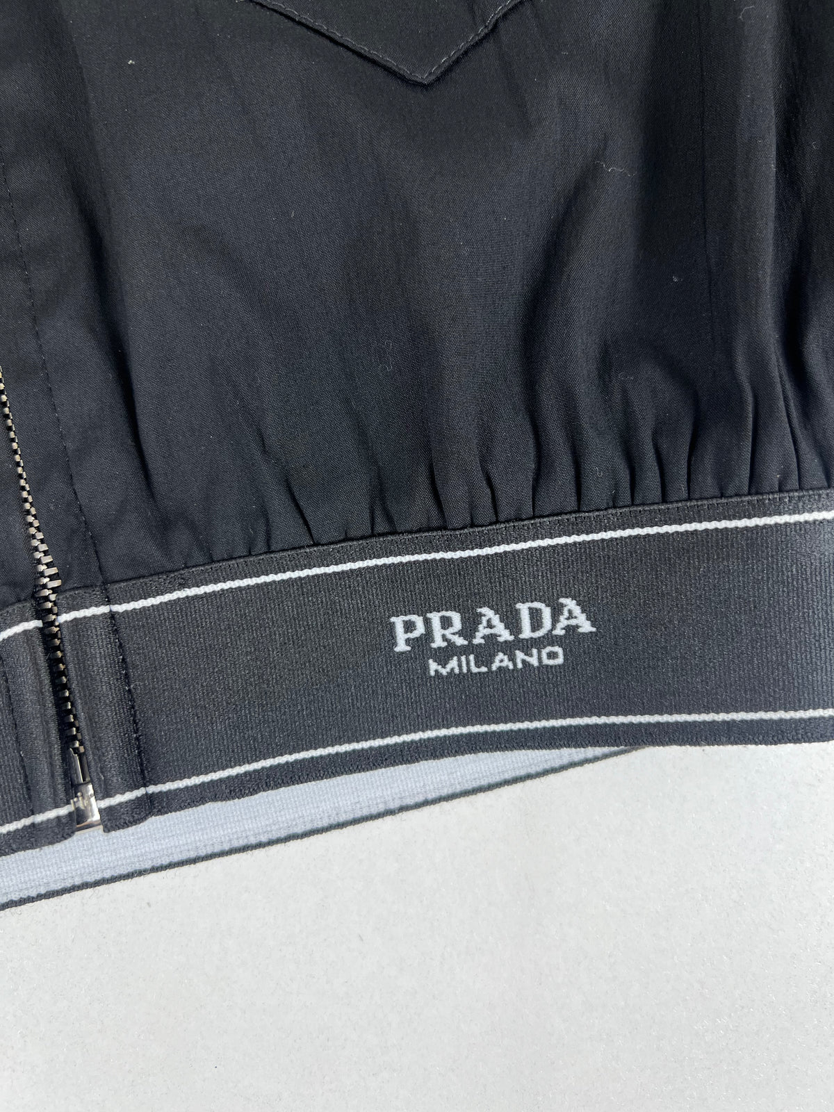 Prada Dark Navy Cropped Stretch Poplin Logo Band Jacket Size 36