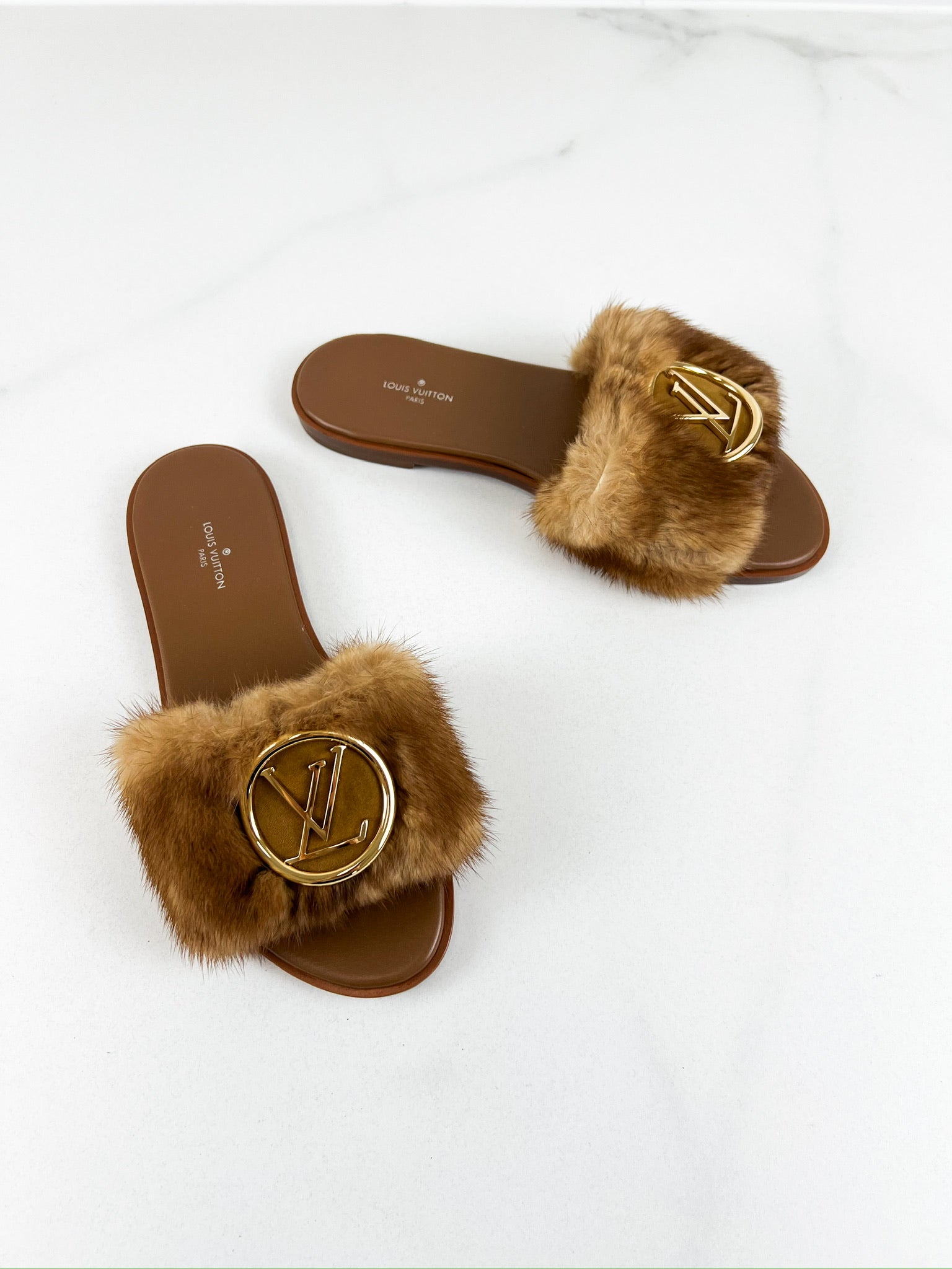 Louis Vuitton Lock It Brown Shearling Flat Slide Size 37