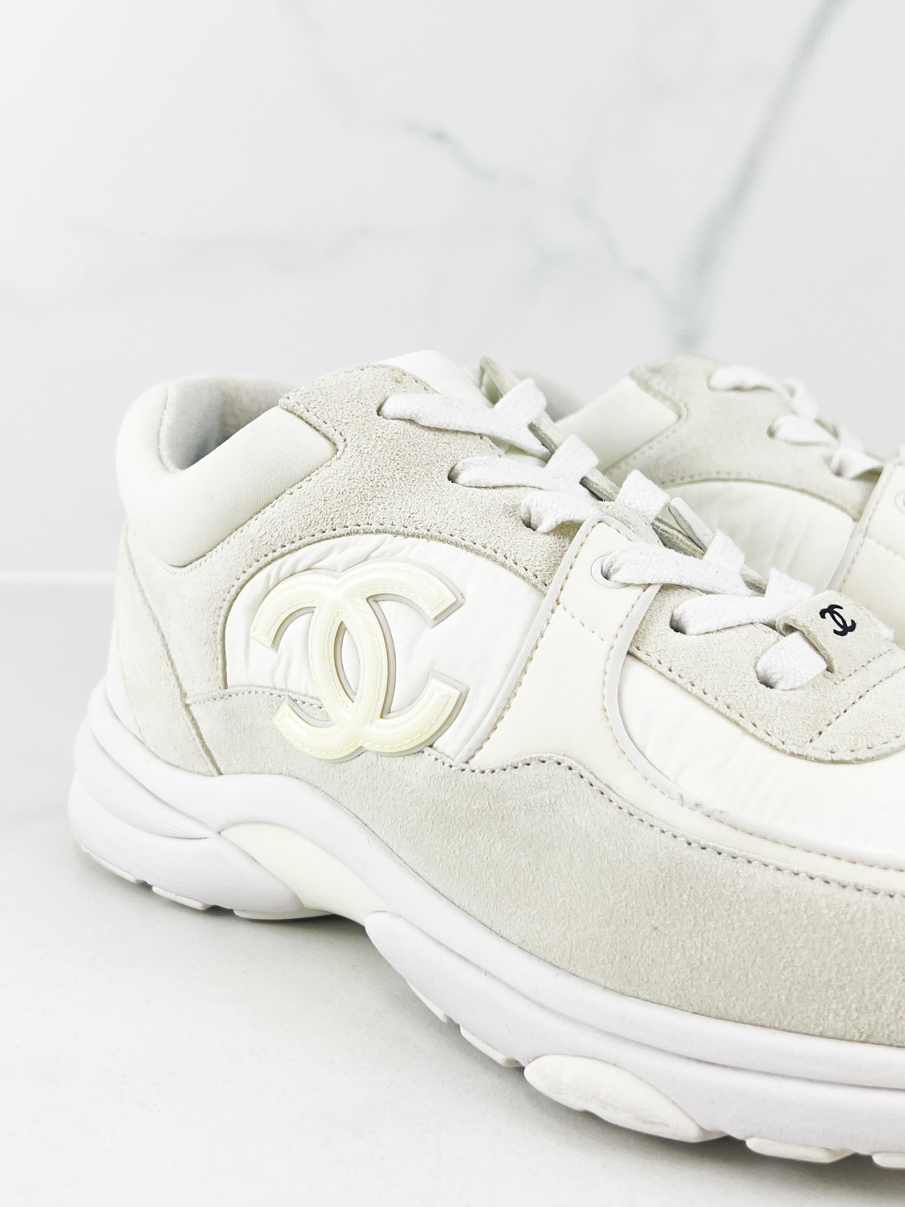 Chanel CC White Reflective Sneakers in Size 39.5