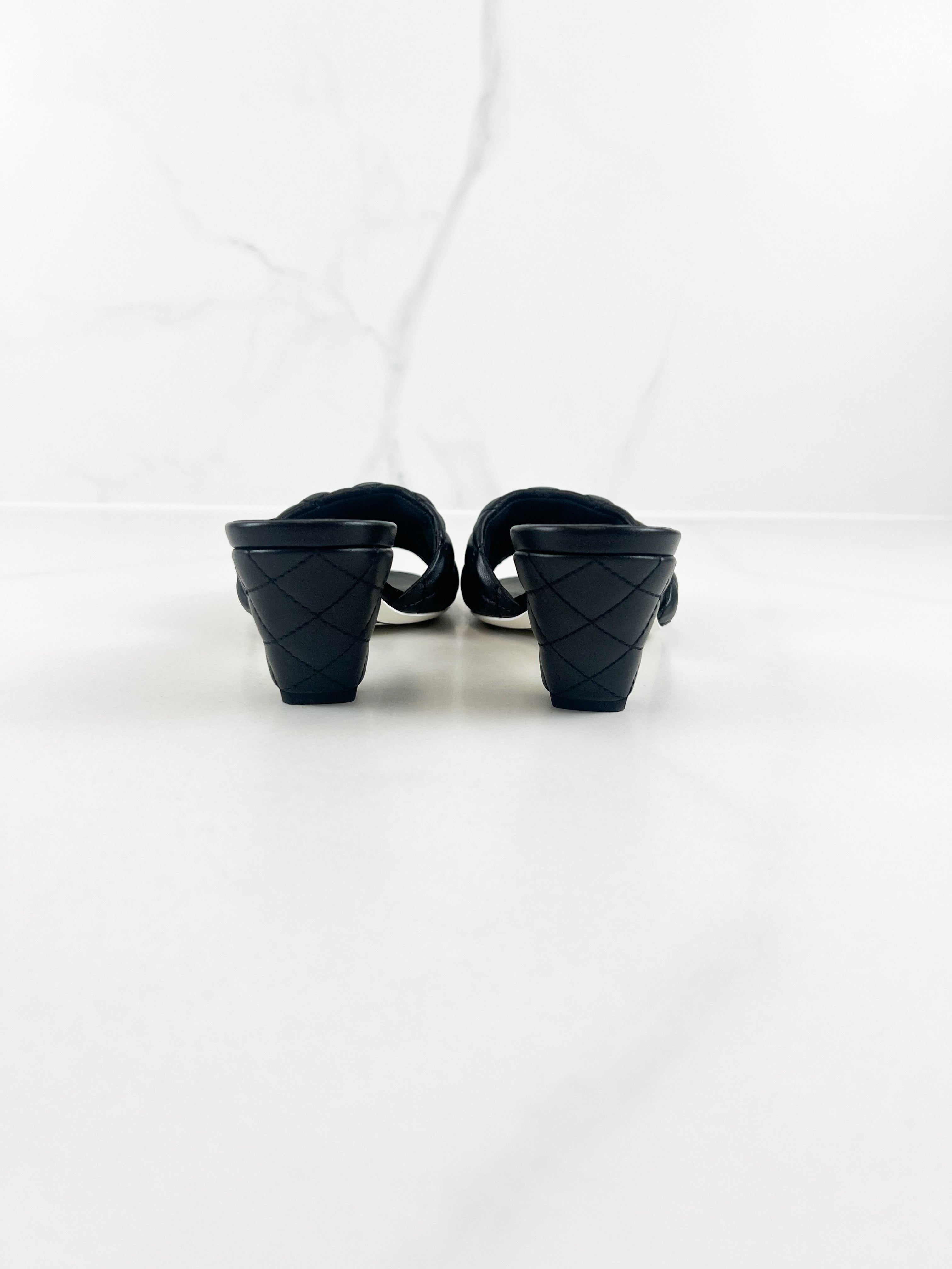 Chanel Black Lambskin Quilted Mules with Gold CC Logo