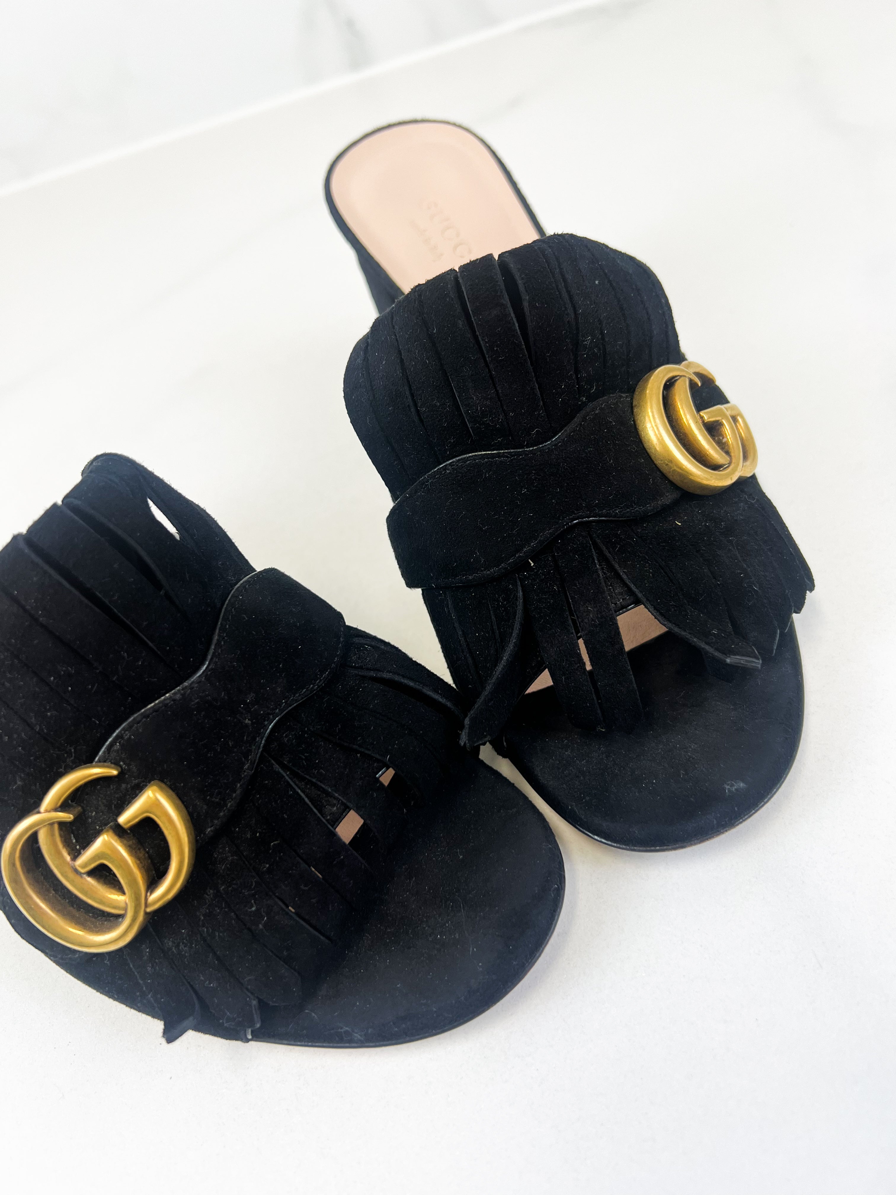 Gucci GG Marmont Black Fringed Mules Size 37