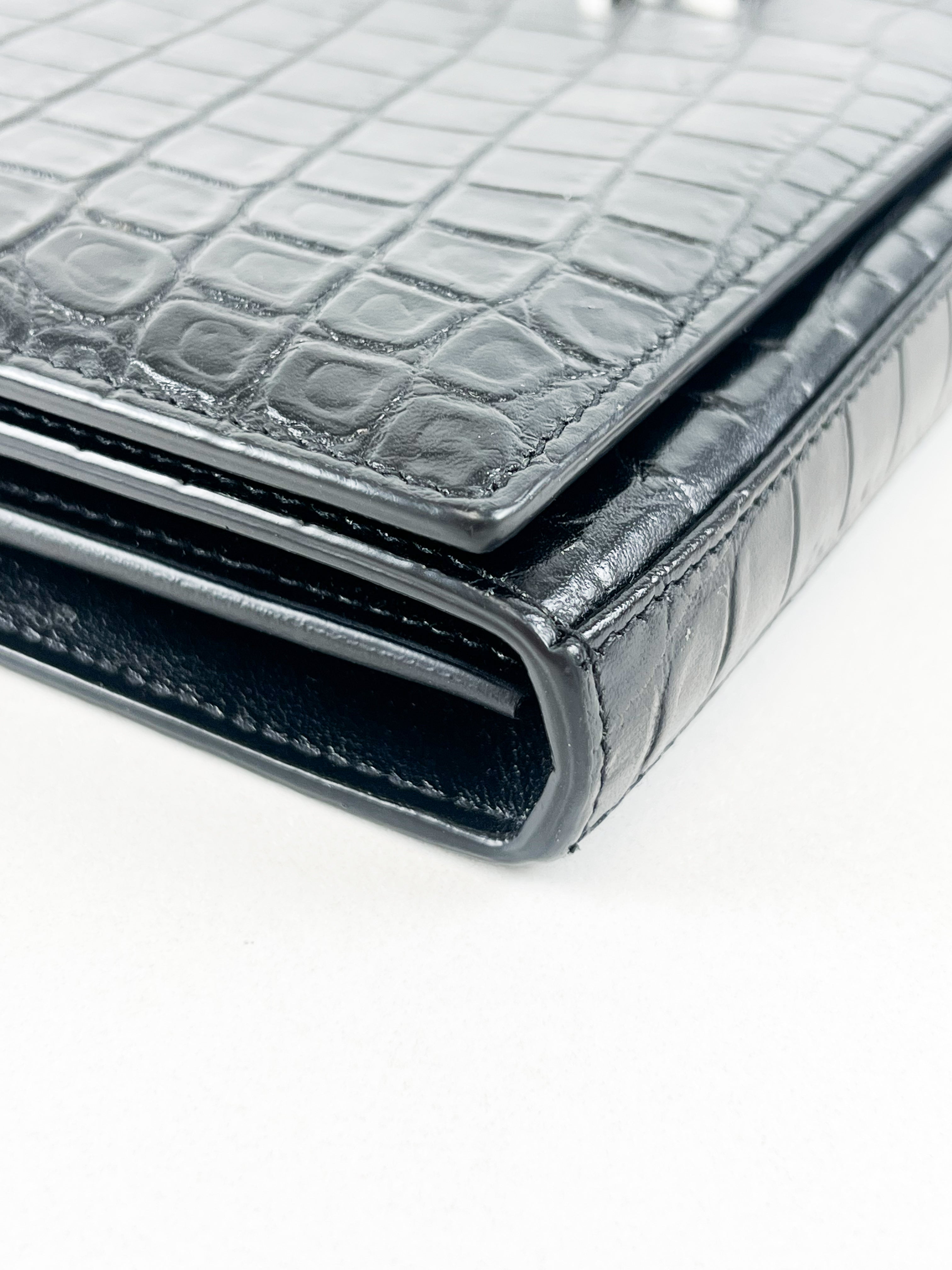 Saint Laurent Black Kate Chain Bag in Embossed Croc Leather