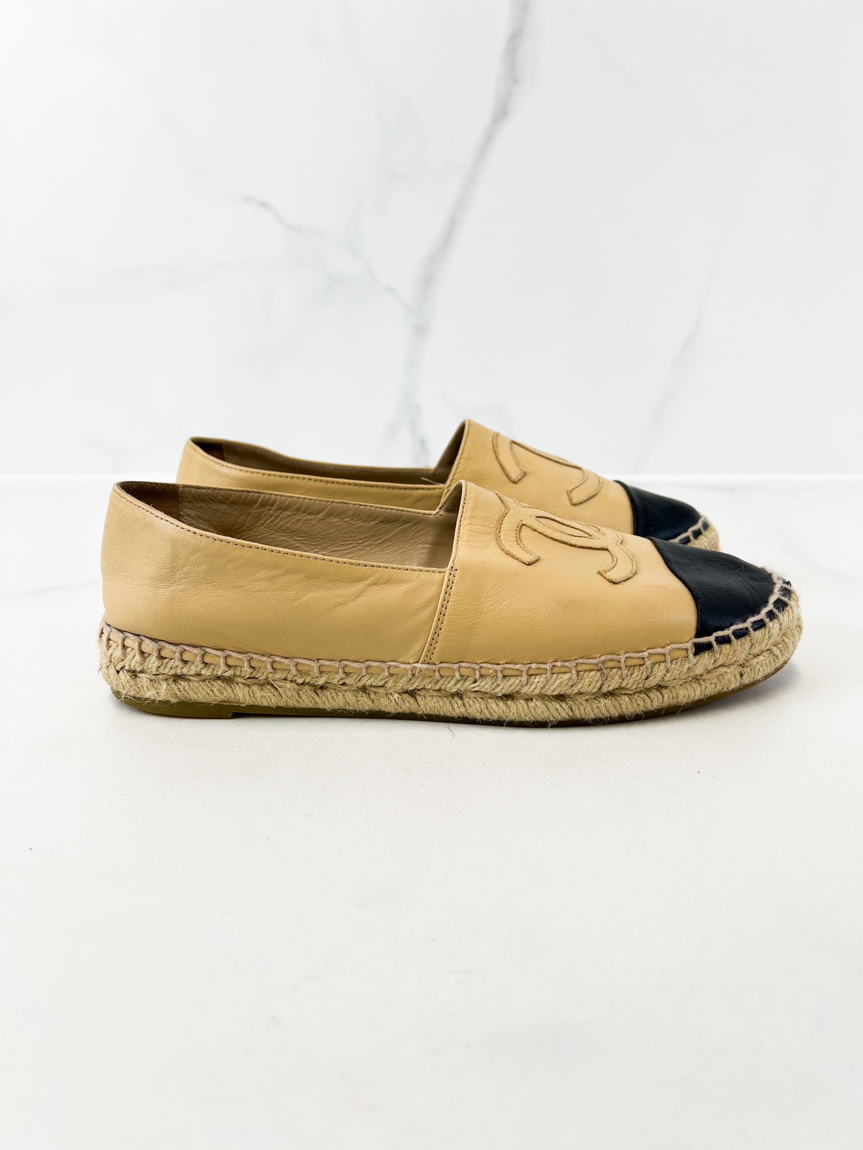 Chanel CC Logo Black & Beige Leather Espadrilles Size 38