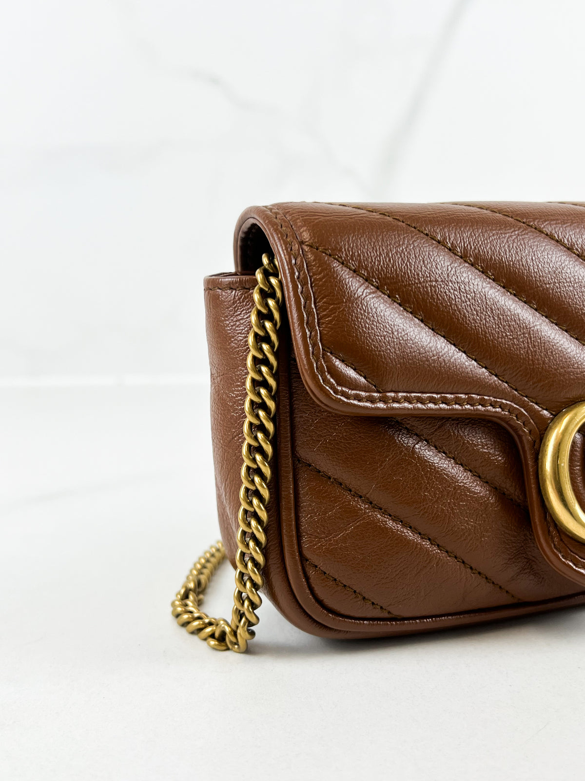 Gucci Brown Leather GG Marmont Matelasse Super Mini Bag