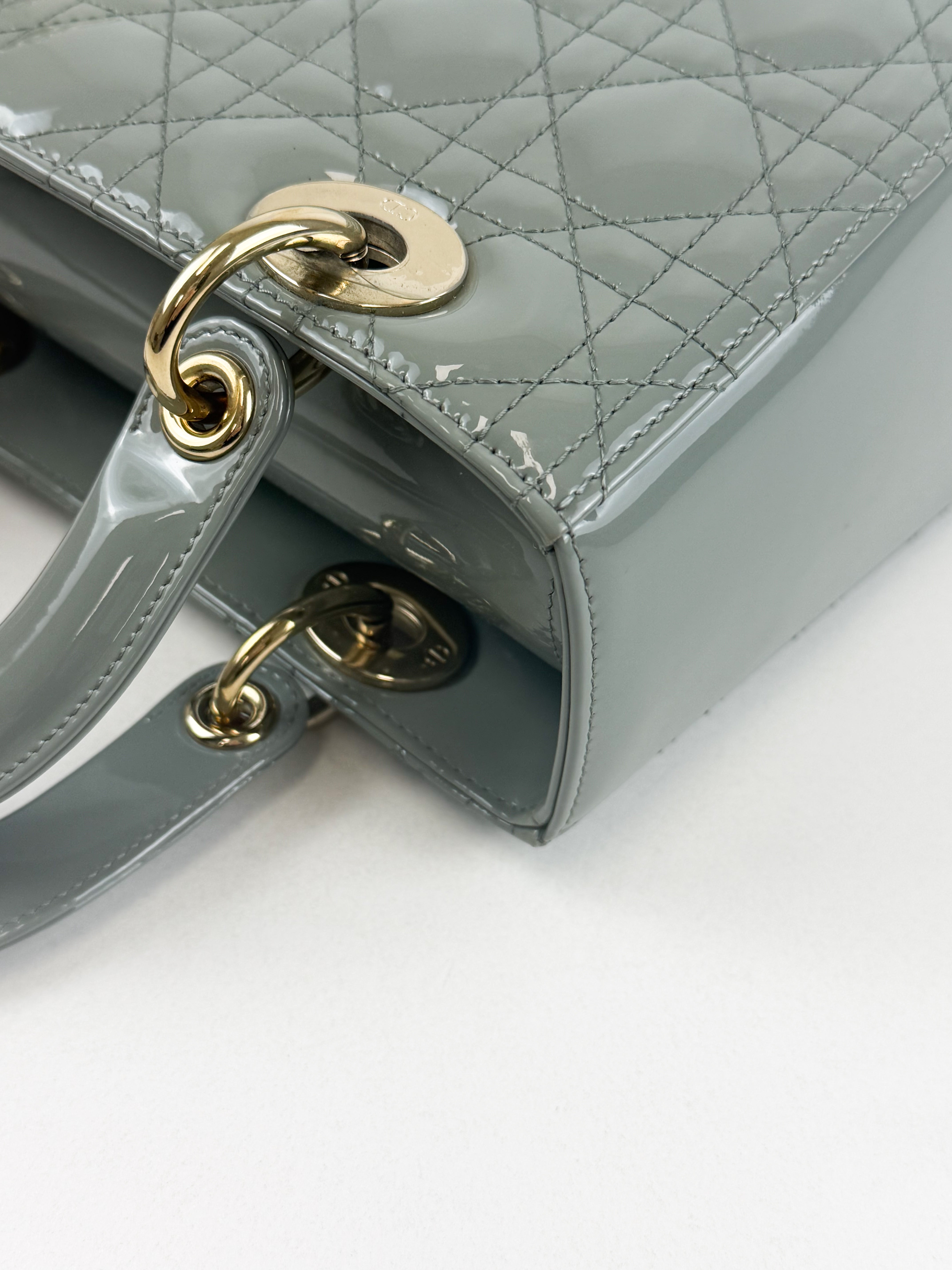 Christian Dior Medium Lady Dior In Grey Patent with GHW