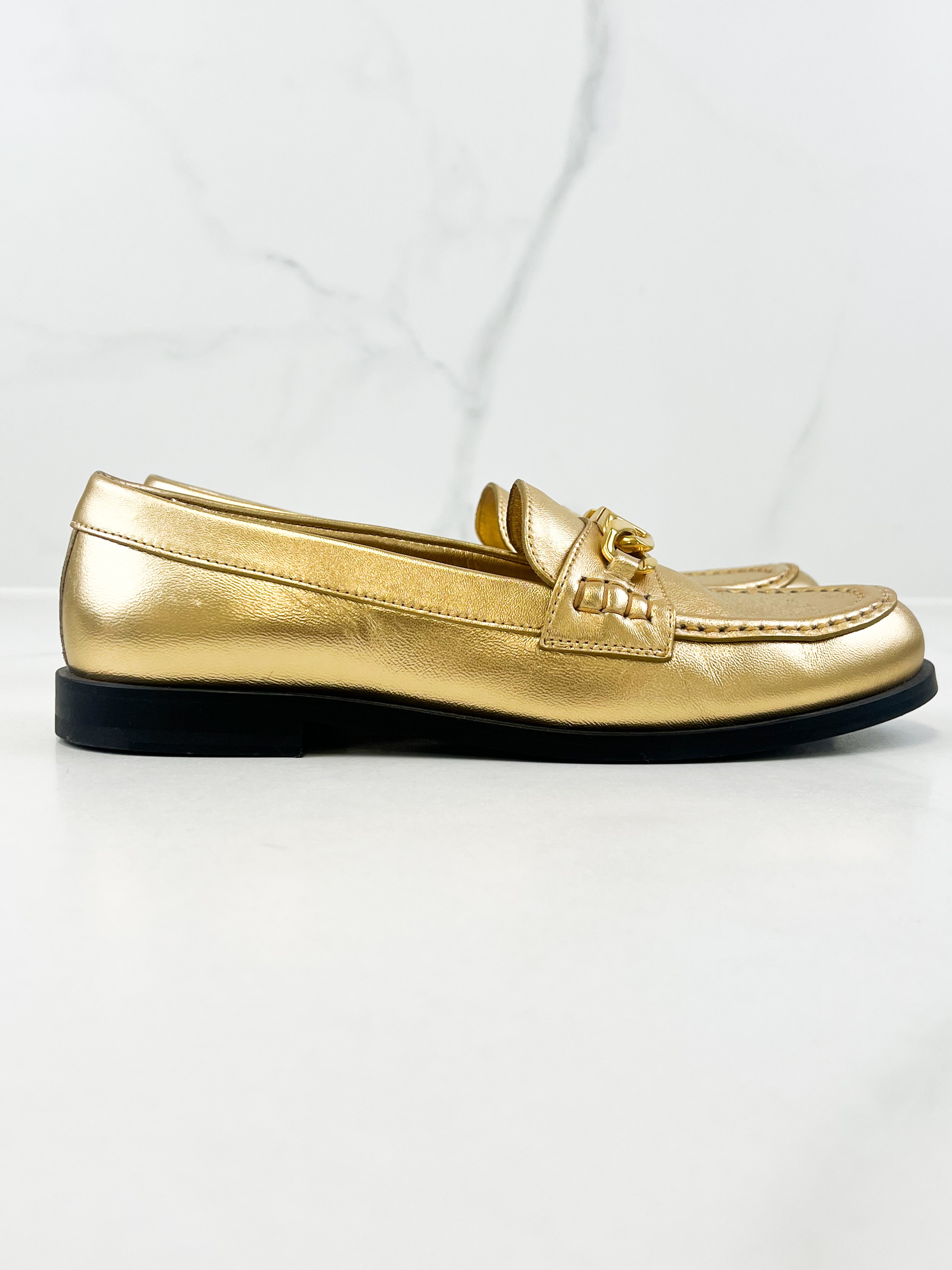 Valentino Logo Loafer in Metallic Gold with GHW Size 38