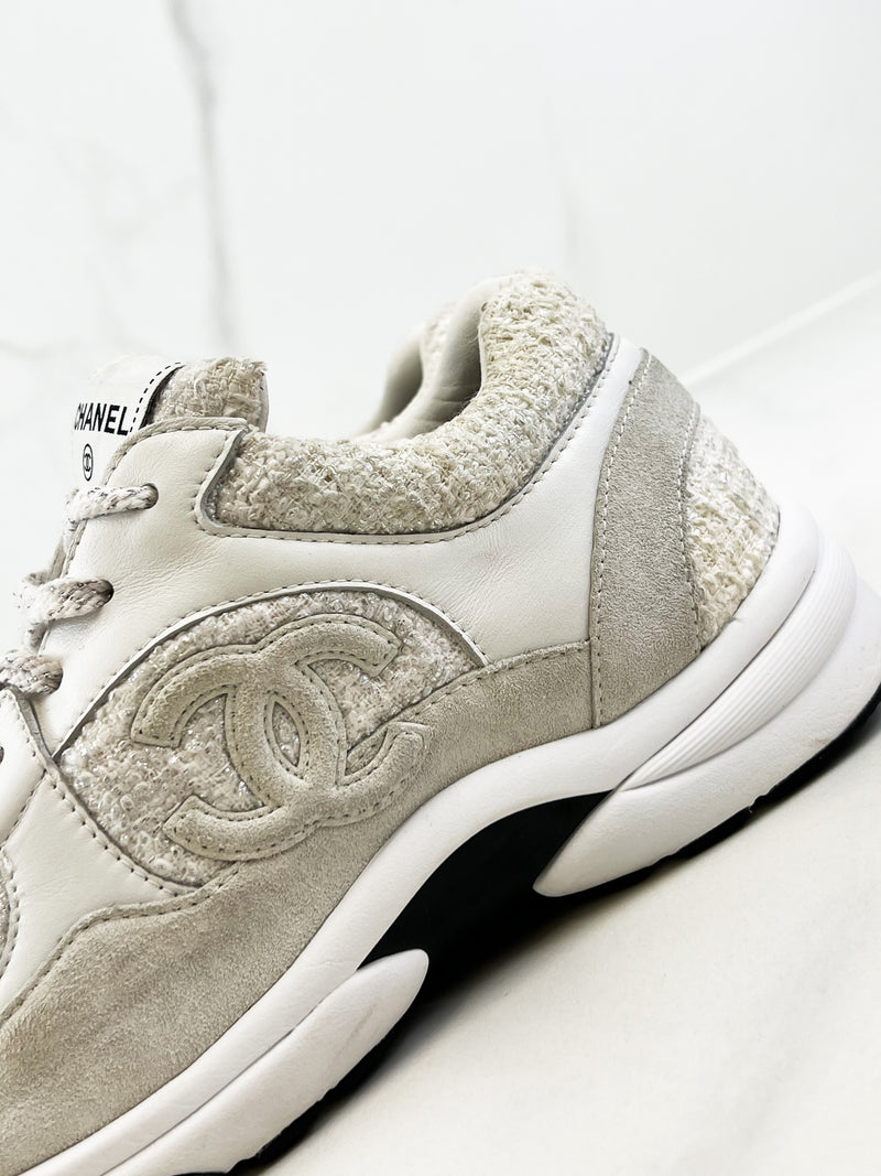 Chanel CC Tweed White/Silver Iridescent Sneaker Size 40