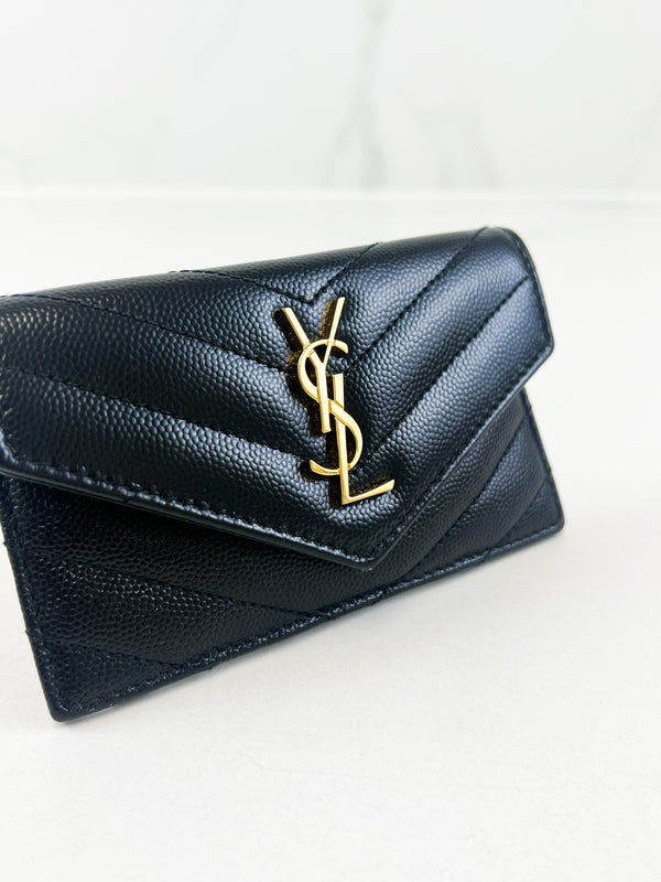 Saint Laurent Cassandre Matelasse Bi-fold Wallet in Black Embossed Leather