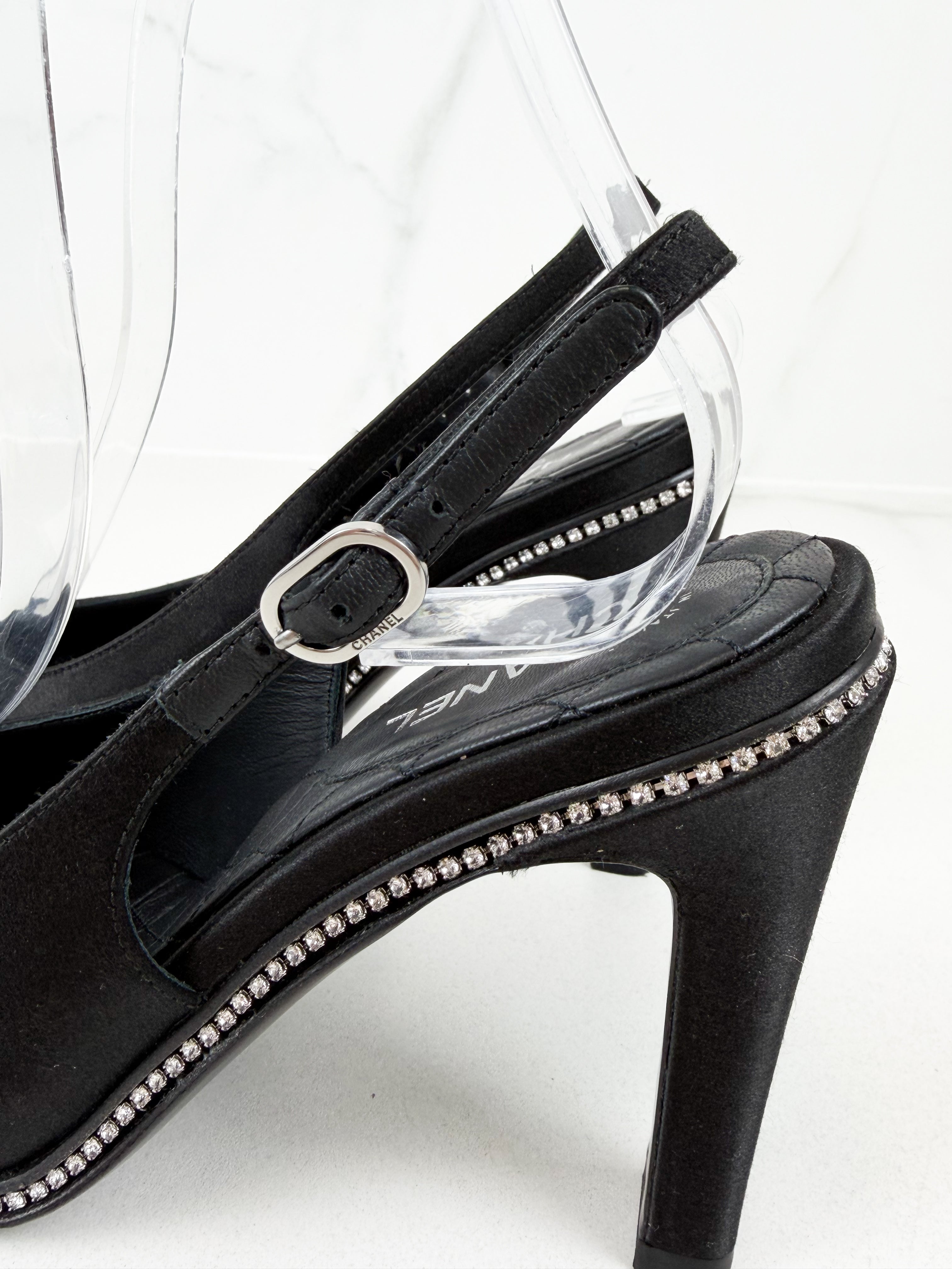 Chanel CC Logo Black Satin Slingback Pumps with Rhinestone Trim Size 36C