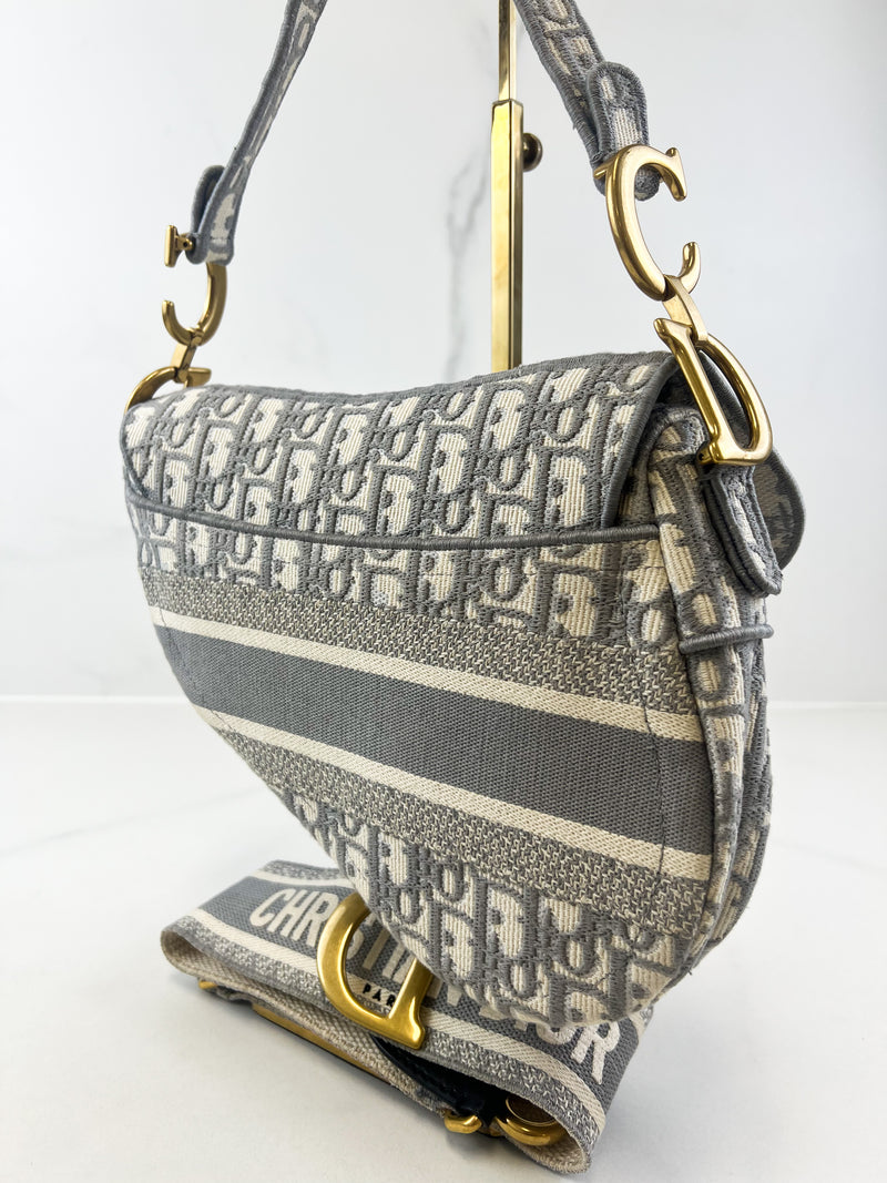 Christian Dior Medium Grey Oblique Saddle Bag with Strap