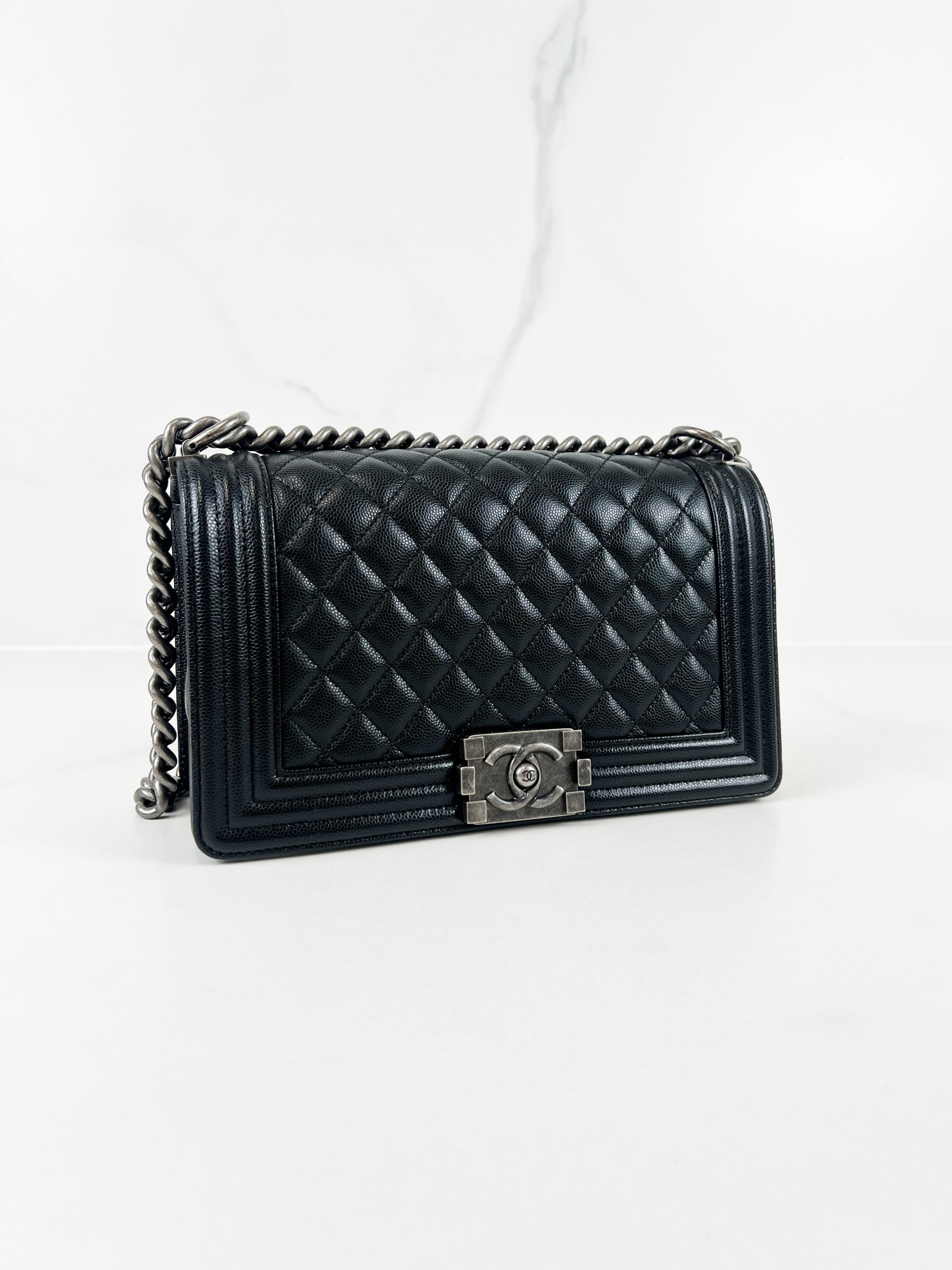 Chanel Old Medium Boy Bag in Black Quilted Caviar with Ruthenium Hardware
