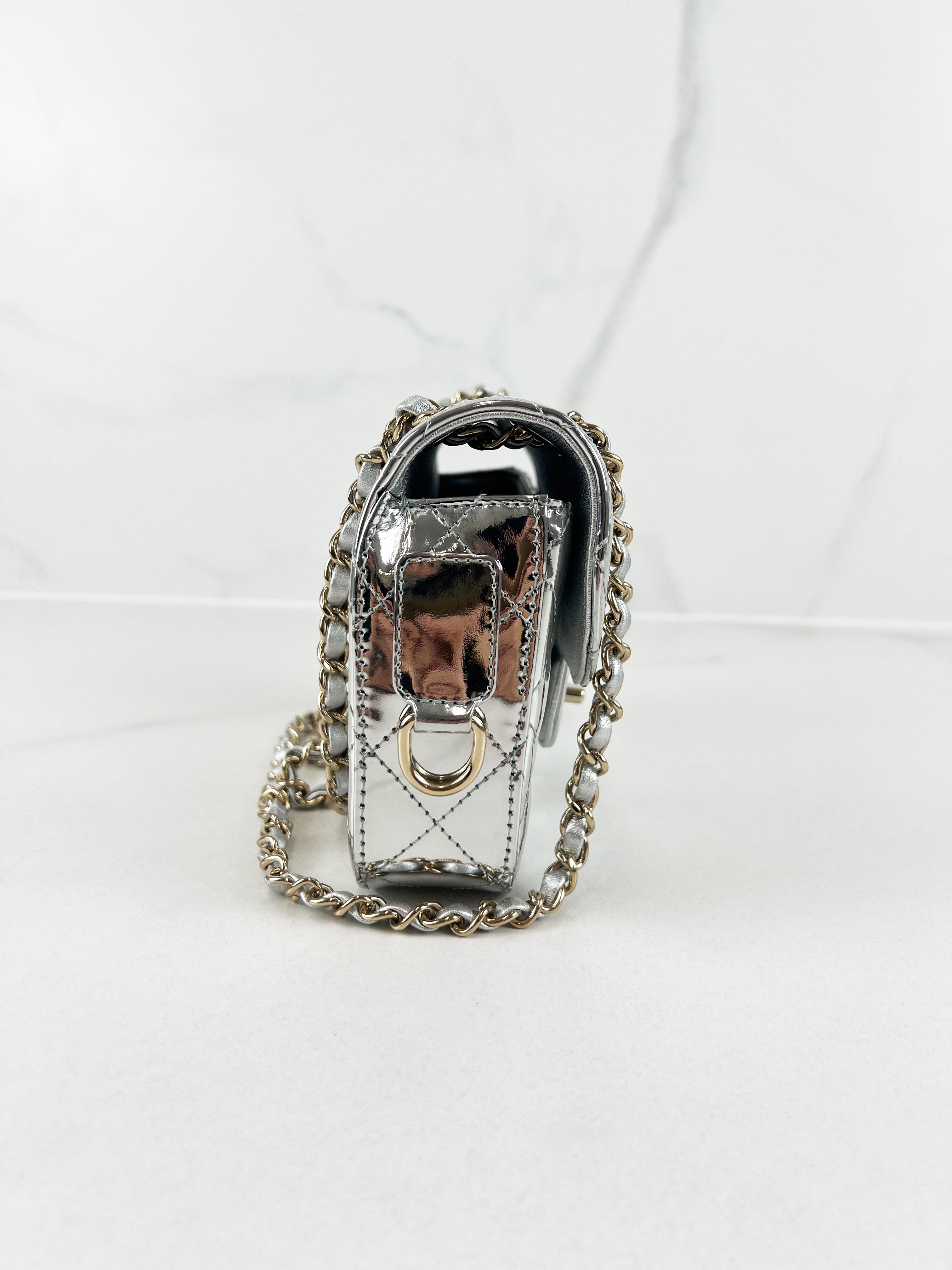 Chanel Patent Mini Square in Silver with SHW