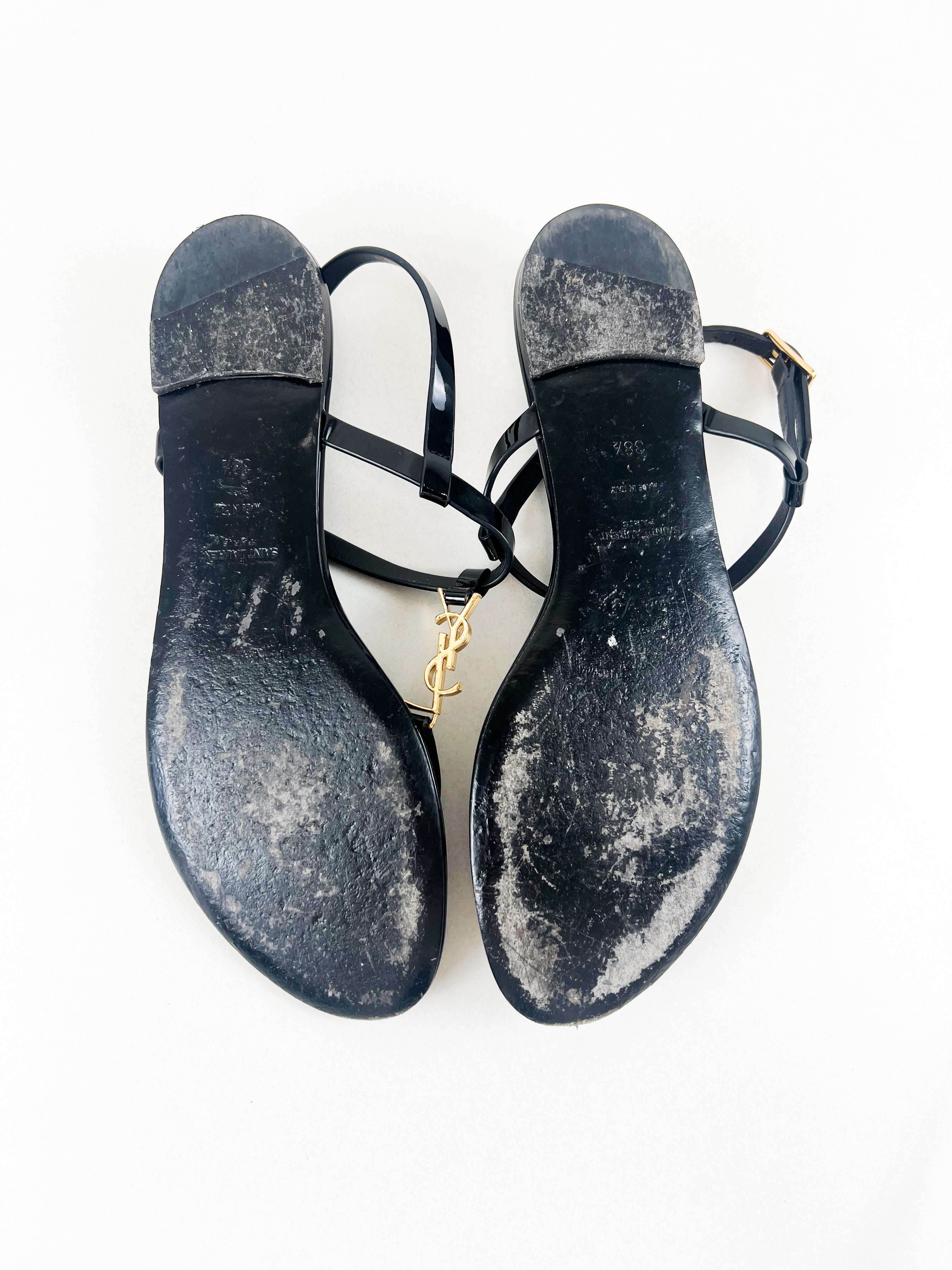 Saint Laurent Cassandra Flat Sandal in Black Patent Leather 38.5