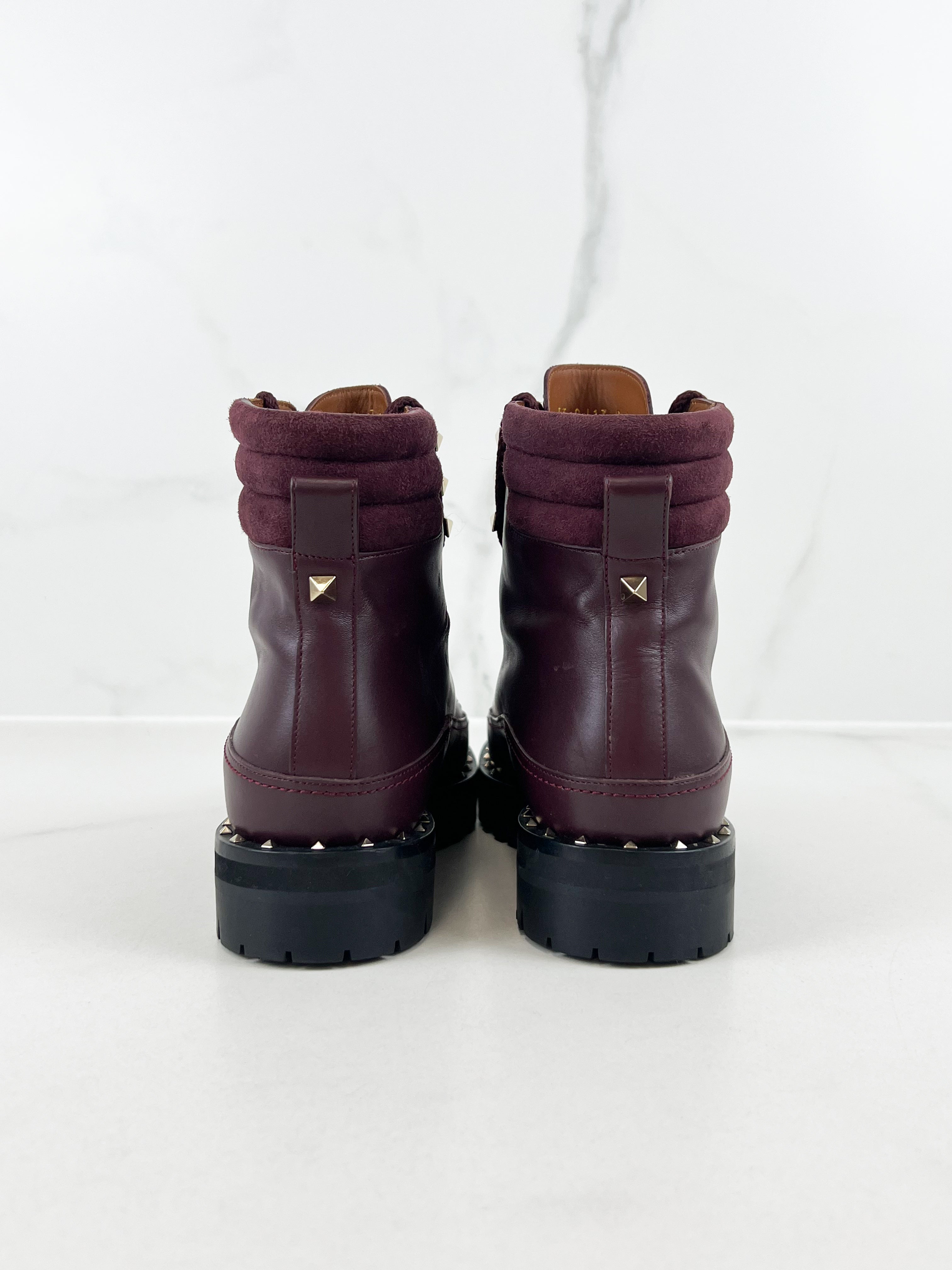 Valentino Garavani Rockstud Leather Combat Boots in Burgundy Size 36