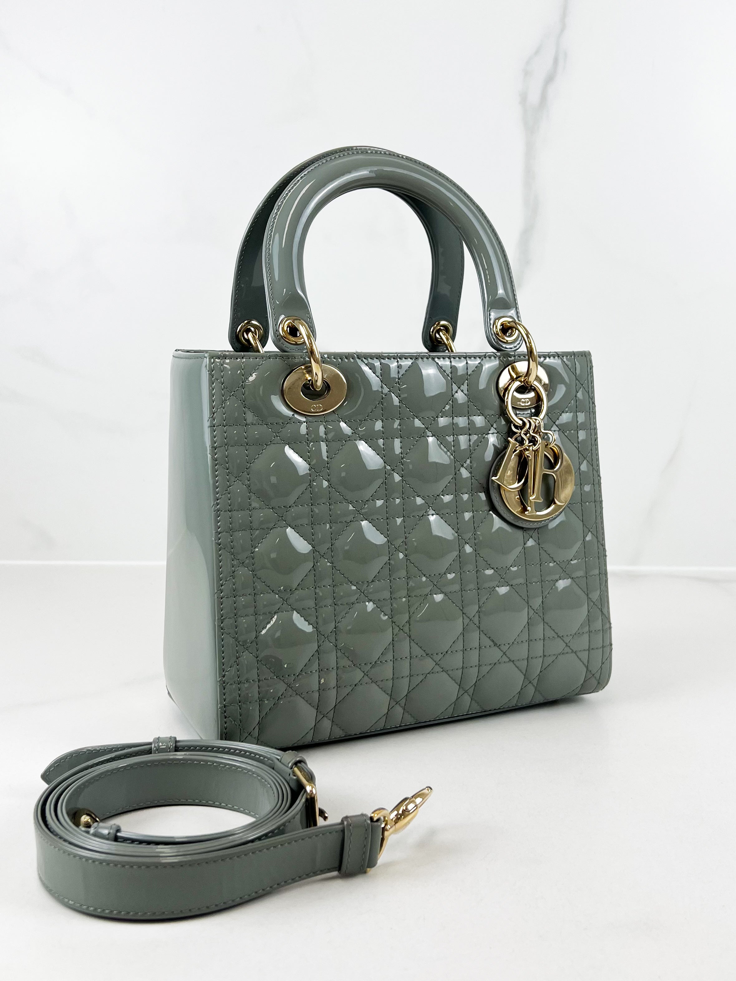 Christian Dior Medium Lady Dior In Grey Patent with GHW