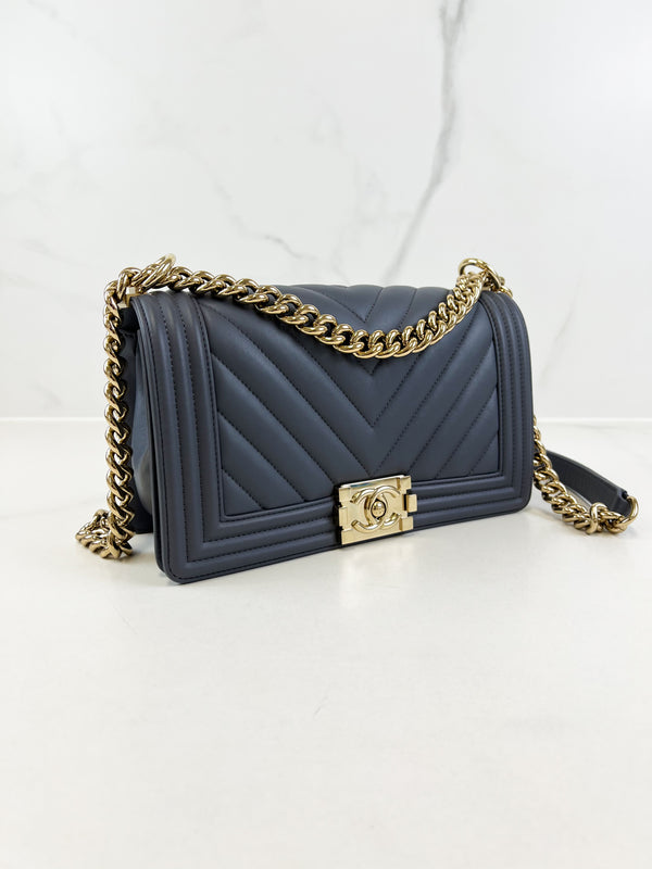 Chanel Charcoal Grey Old Medium Chevron Lambskin Boy Bag with Light Champagne GHW