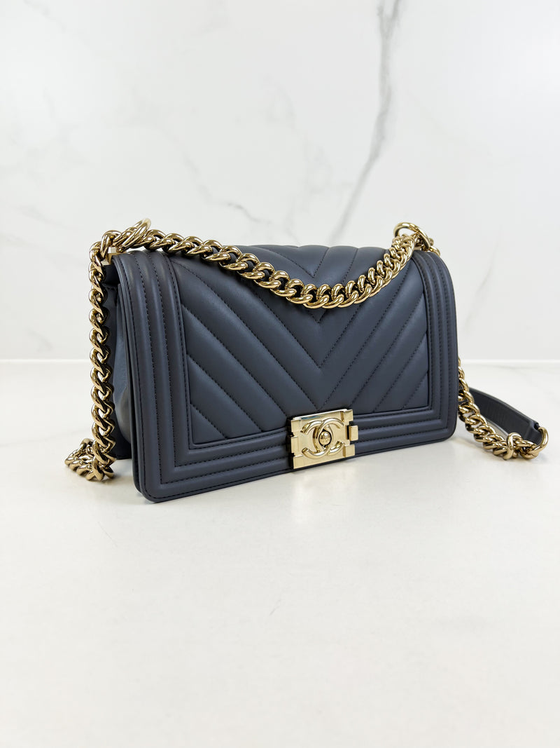 Chanel Charcoal Grey Old Medium Chevron Lambskin Boy Bag with Light Champagne GHW