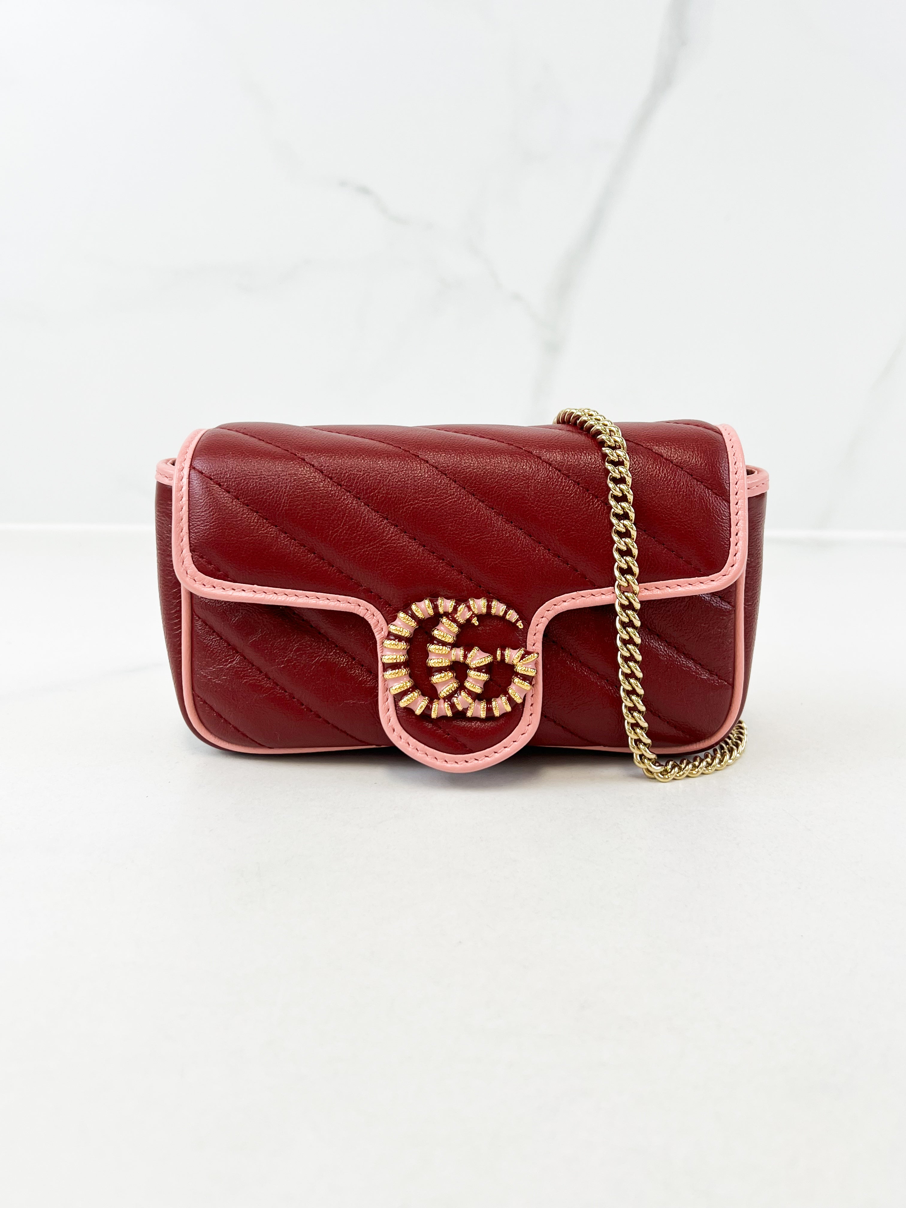 Gucci Super Mini Marmont in Red/Burgundy Matelassé Leather with Light Pink Piping