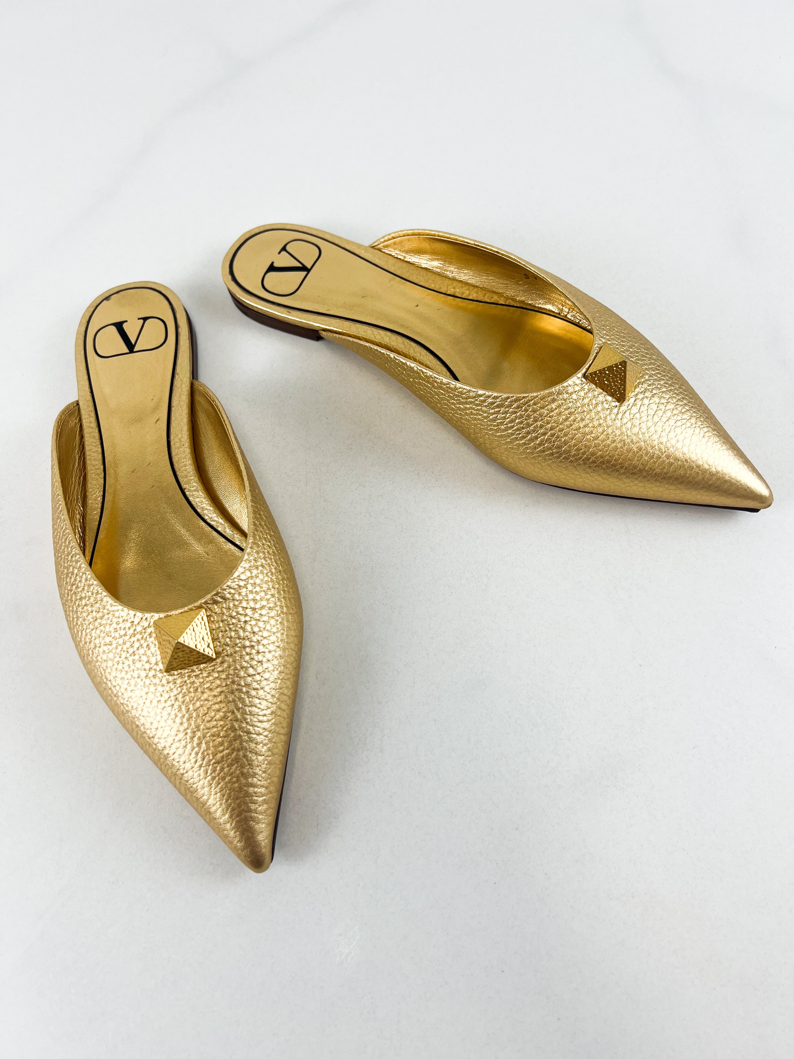 Valentino Garavani Roman Stud Metallic Flat Mules Size 36.5