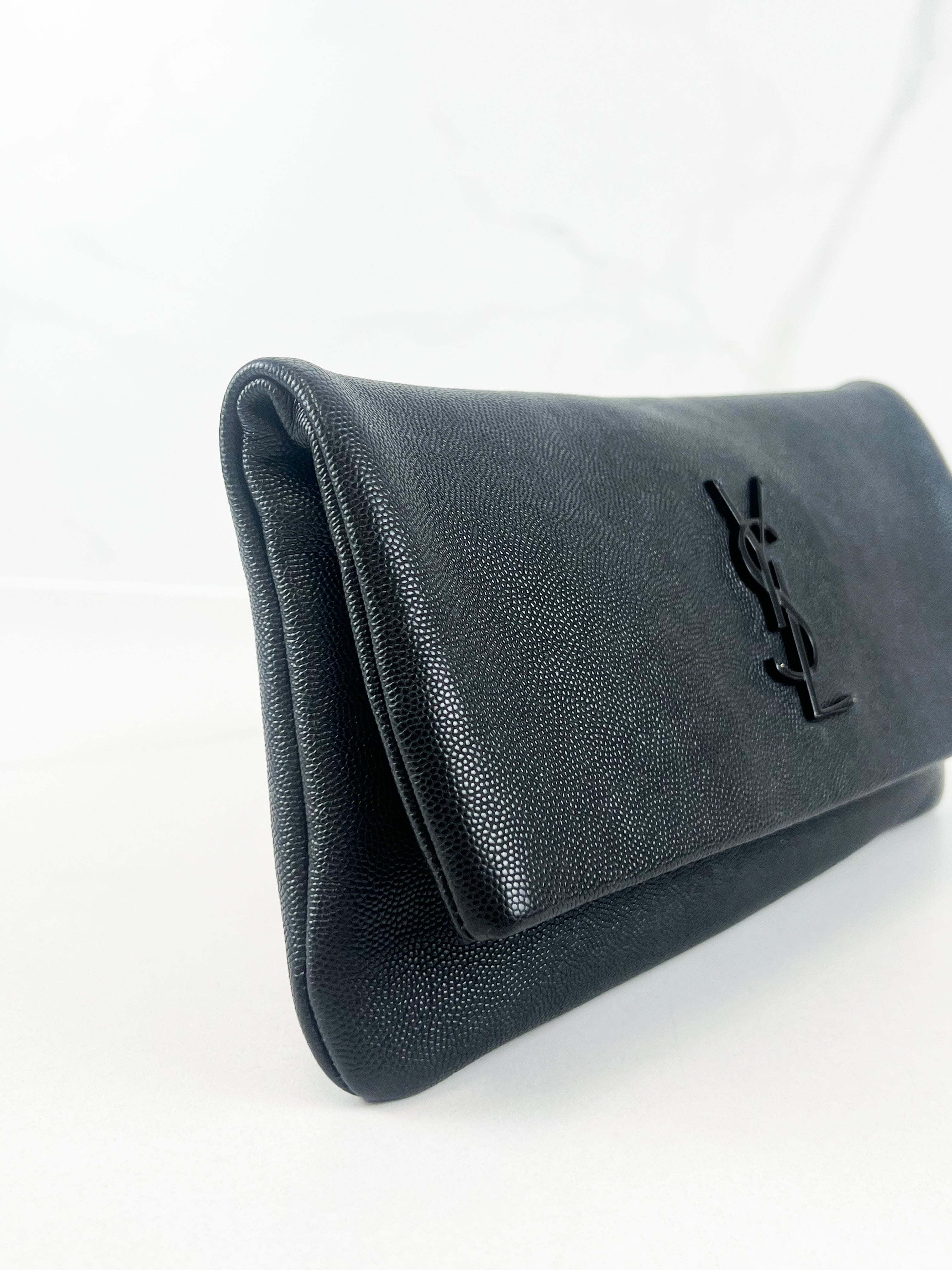 Saint Laurent Hollywood Fold Over Clutch in Black Grained Calfskin