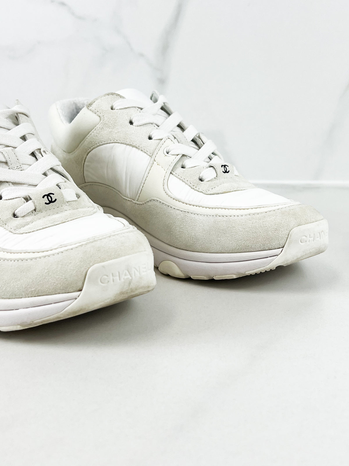 Chanel Fabric & Suede CC Low Top Sneakers In Ivory Size 37.5
